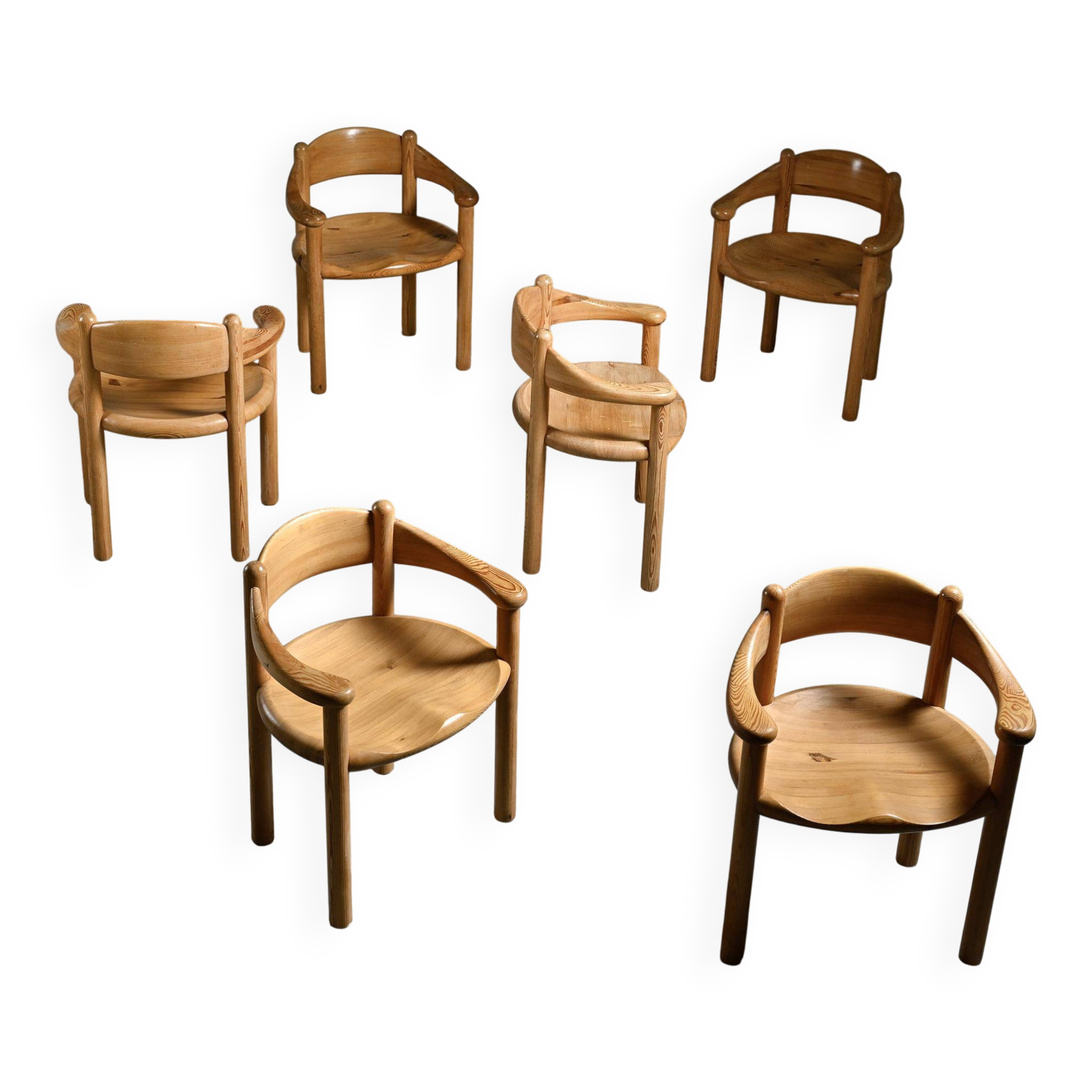 Set of 6 solid pine chairs by Rainer Daumiller, Denmark, circa 1970.