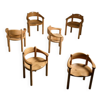 Set of 6 solid pine chairs by Rainer Daumiller, Denmark, circa 1970.