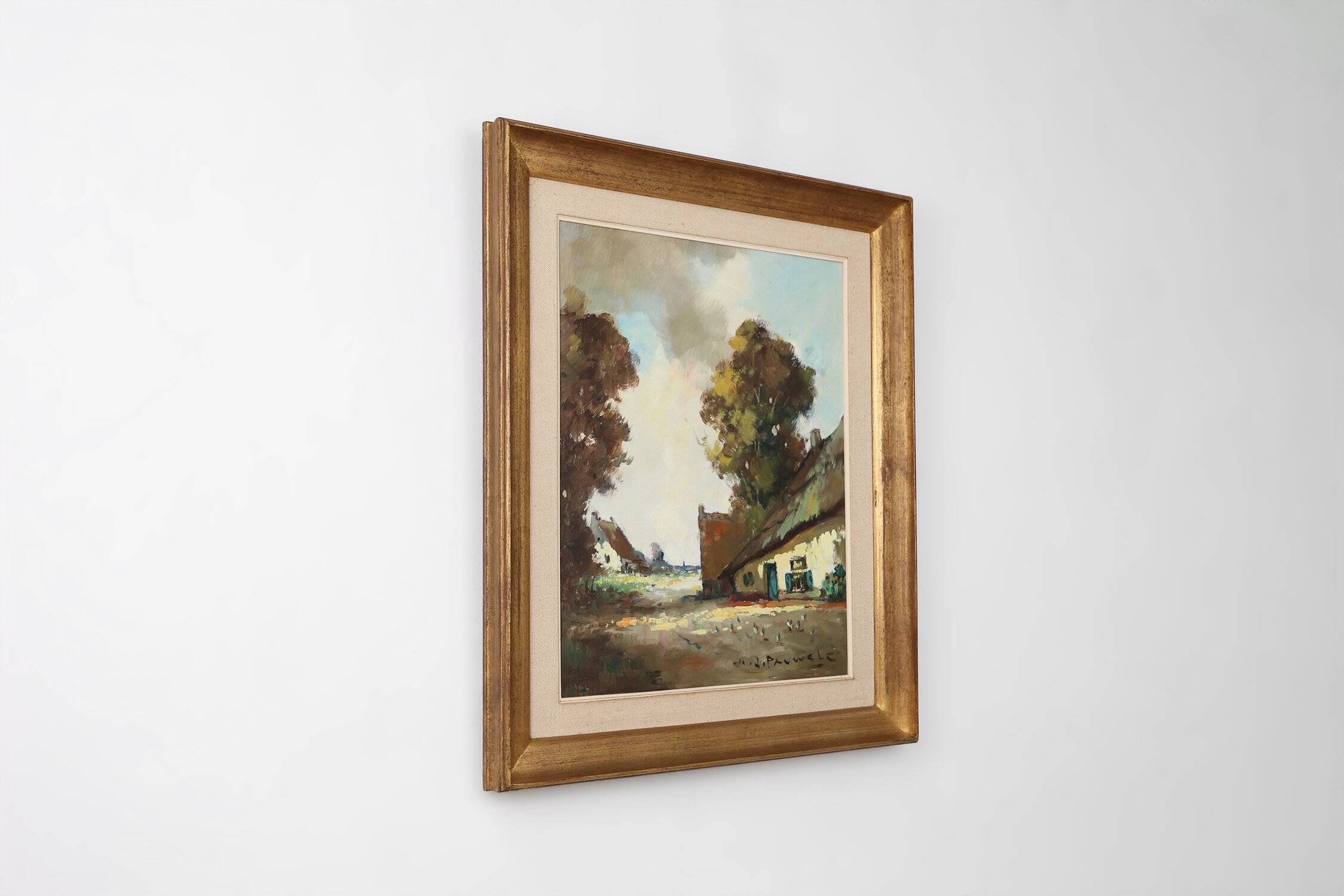 Belgian Painting of a farm scene with gilded wooden frame by Jos Pauwels, 1