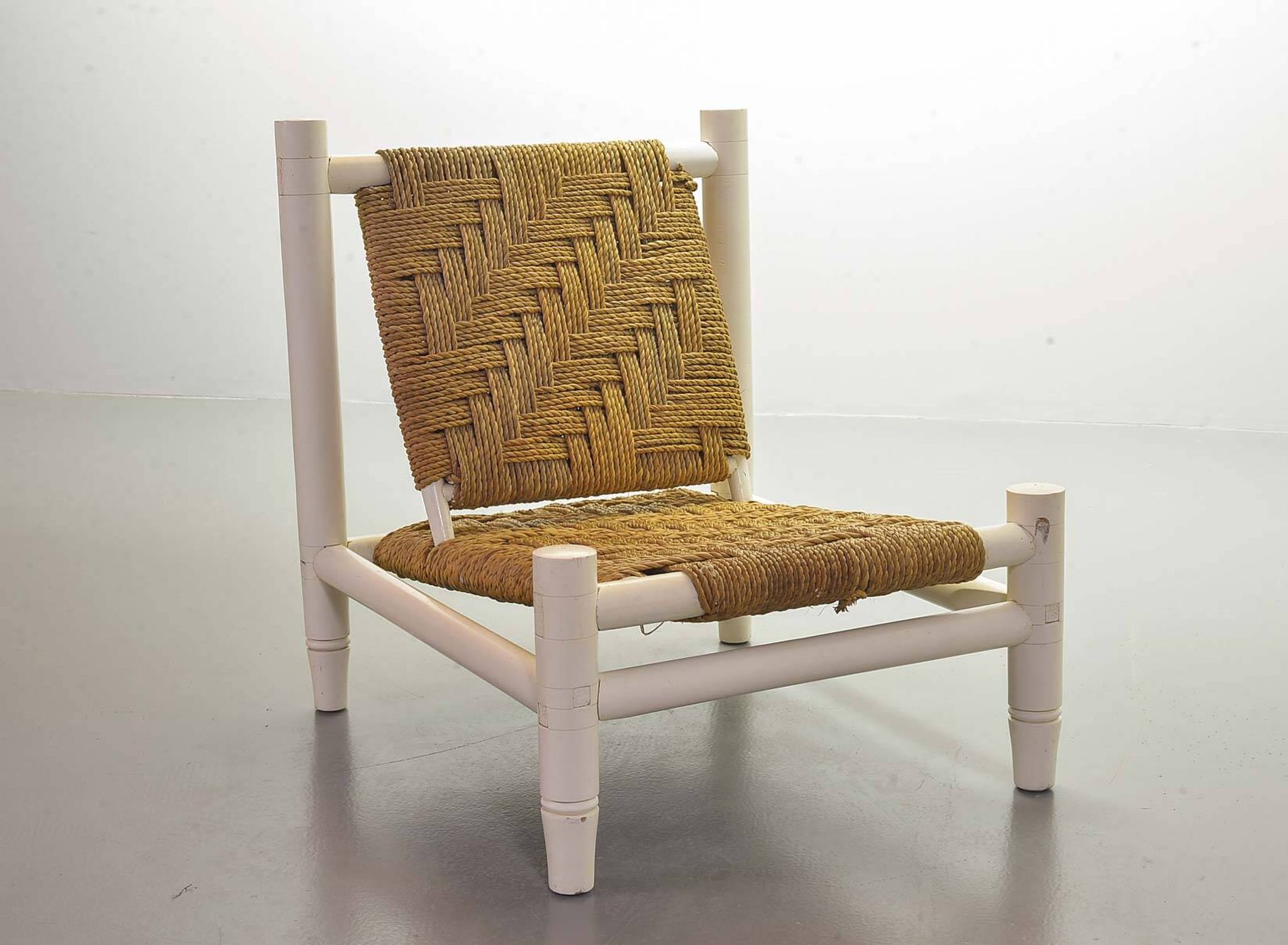 Charlotte Perriand Style Low Seat White Wicker Oak Lounge Chair and Stool