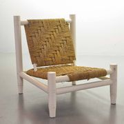 Charlotte Perriand Style Low Seat White Wicker Oak Lounge Chair and Stool