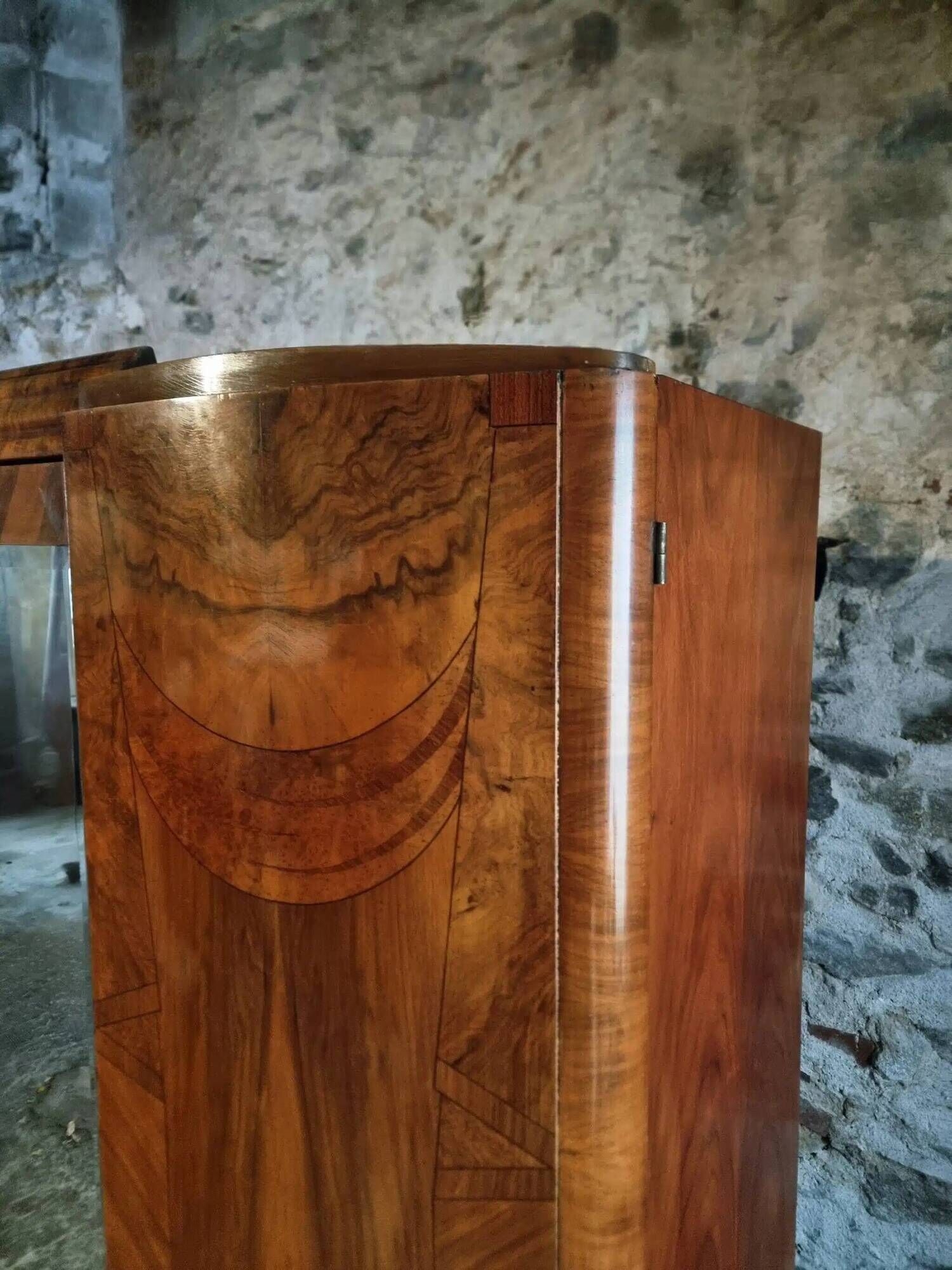 French Art Deco walnut wardrobe with mirror, 1930s