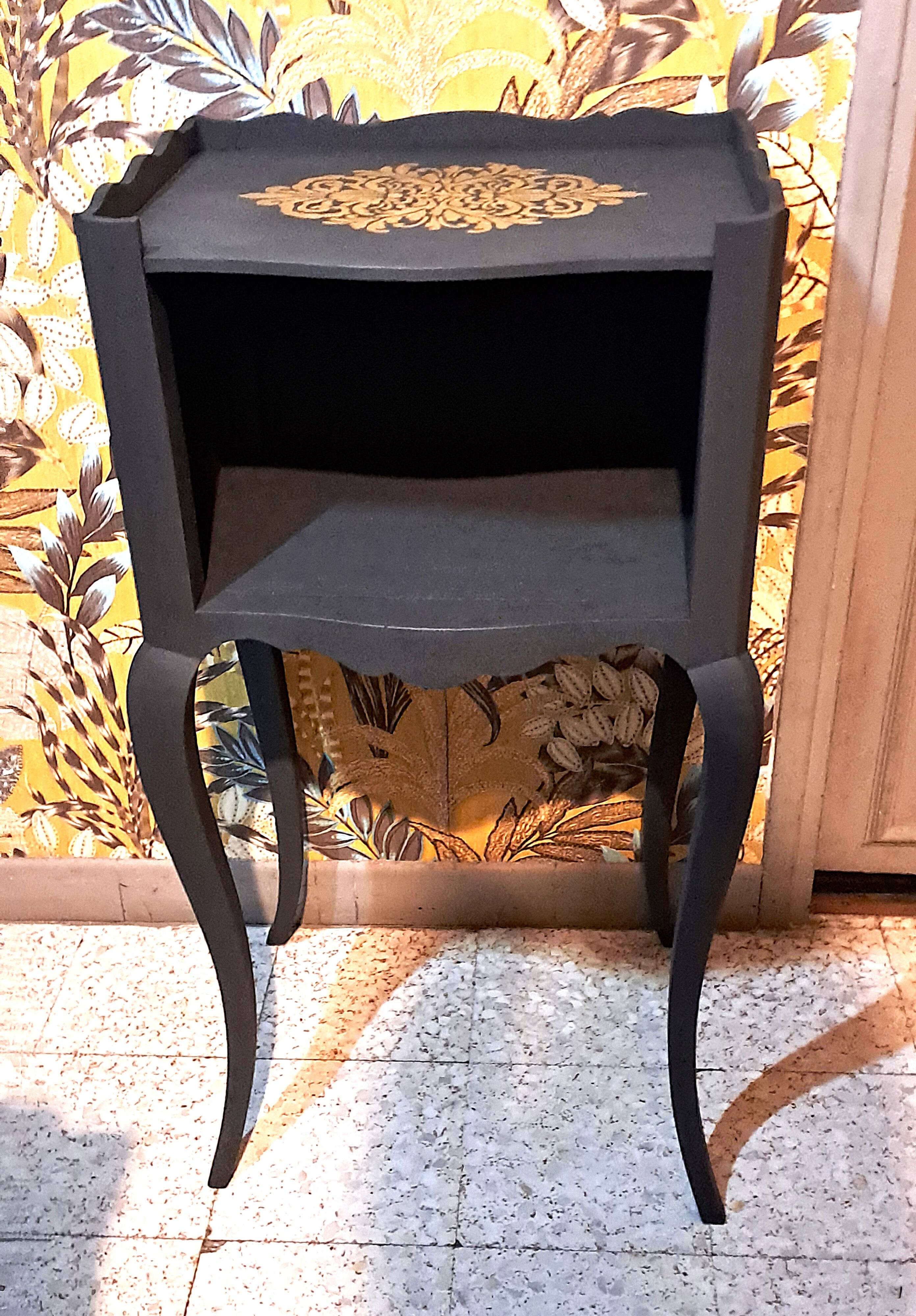1930 bedside table, repainted wood in black with a golden rose motif.