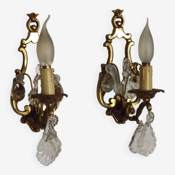 Pair French Vintage Brass And Crystal Open Back Single Wall Lights 4795