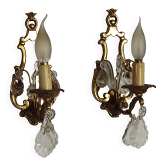 Pair French Vintage Brass And Crystal Open Back Single Wall Lights 4795