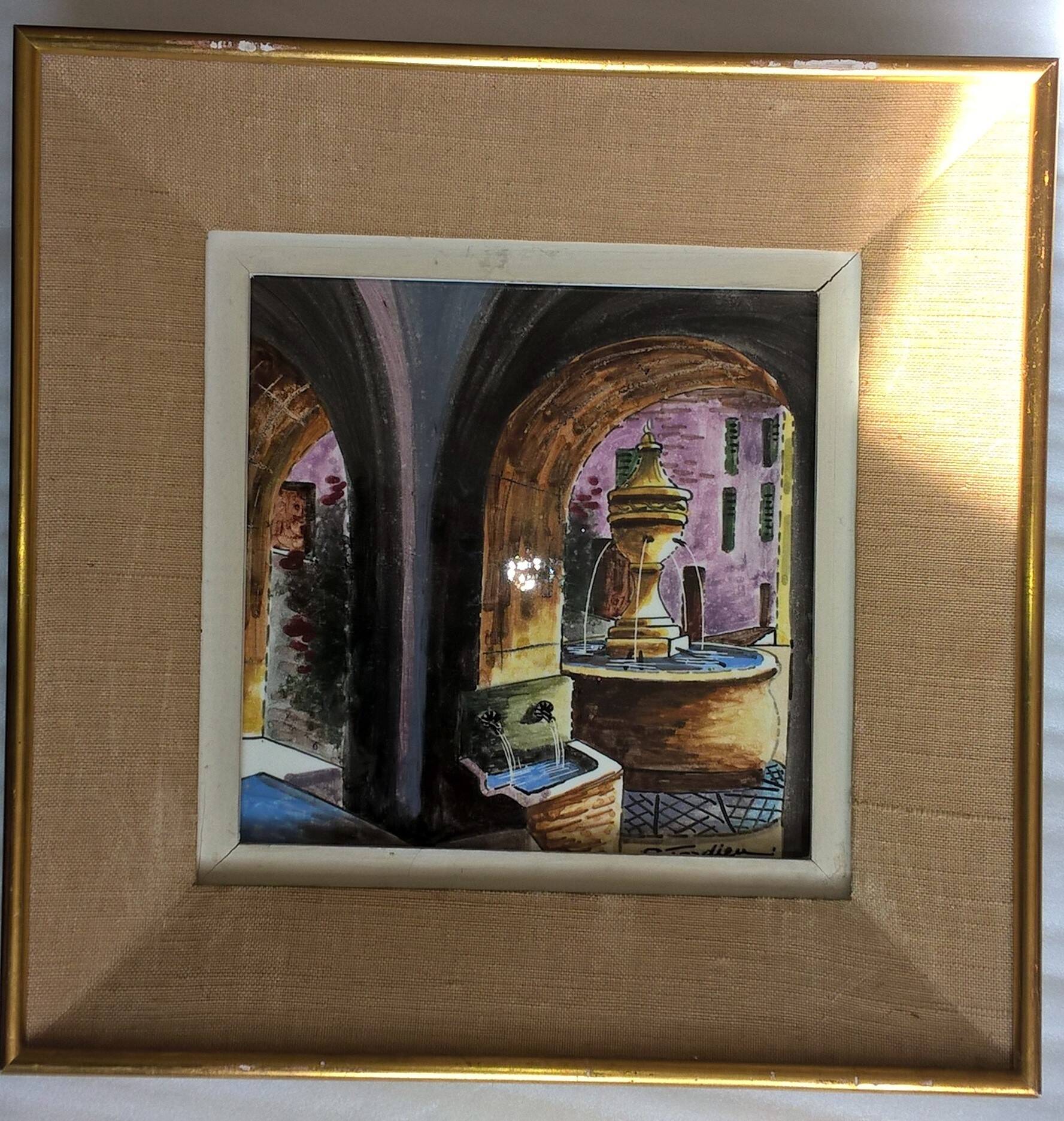 Painting frame painted on ceramic by g. tardieu city of biot fountain