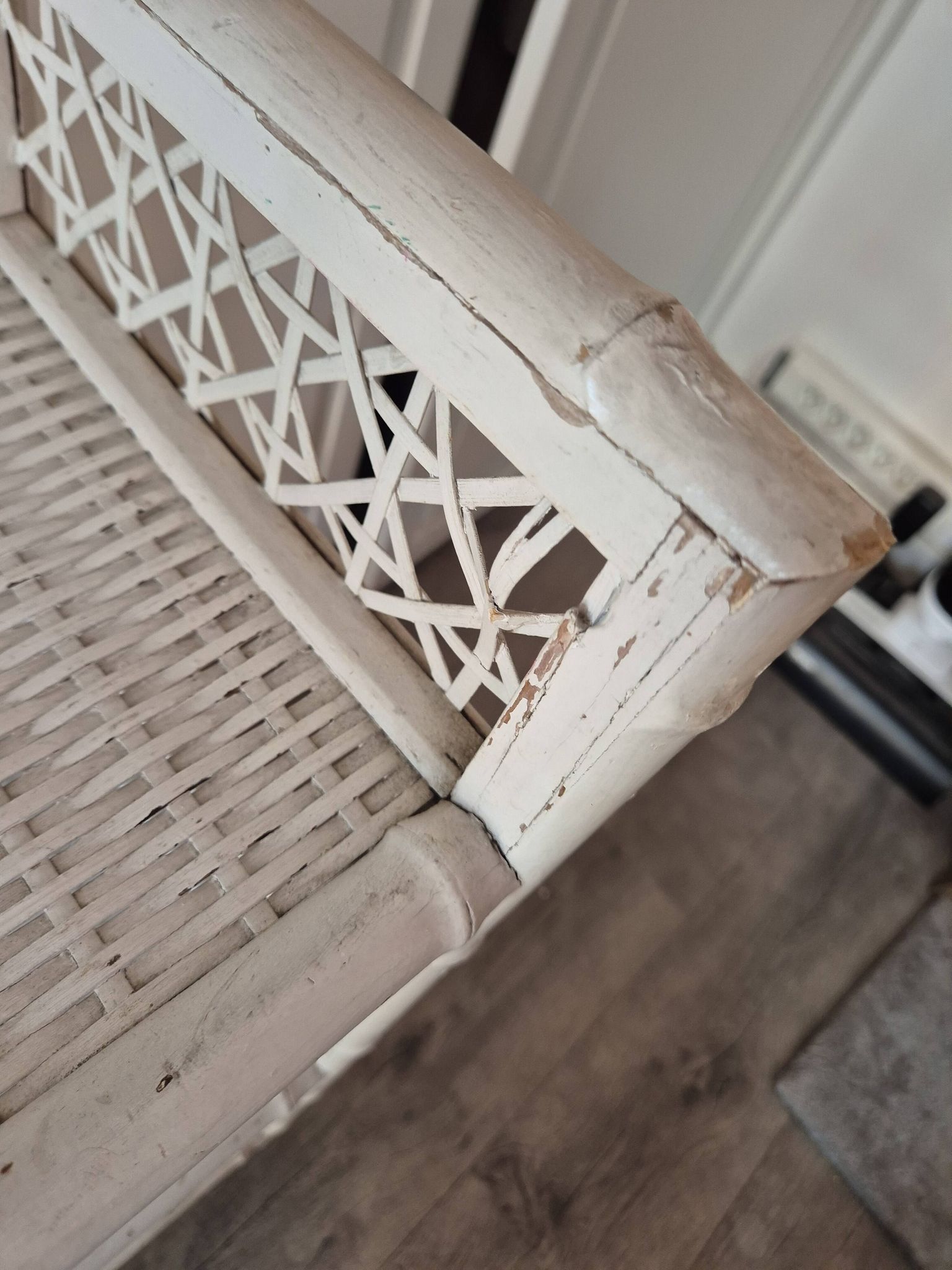 vintage white wicker rattan storage shelf