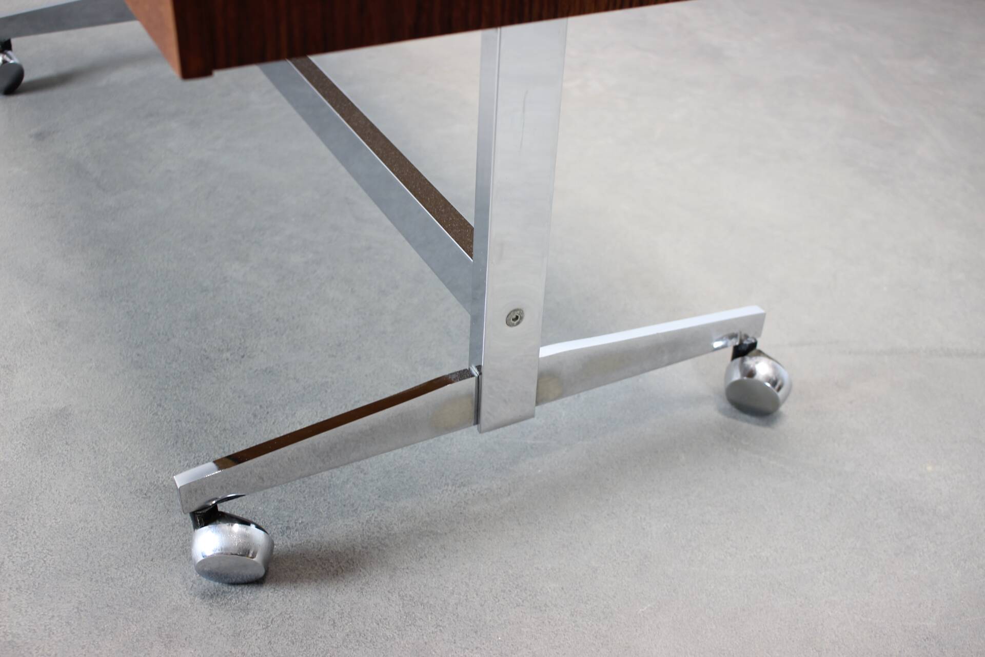 Restored Danish teak rolling media console, 1970s.