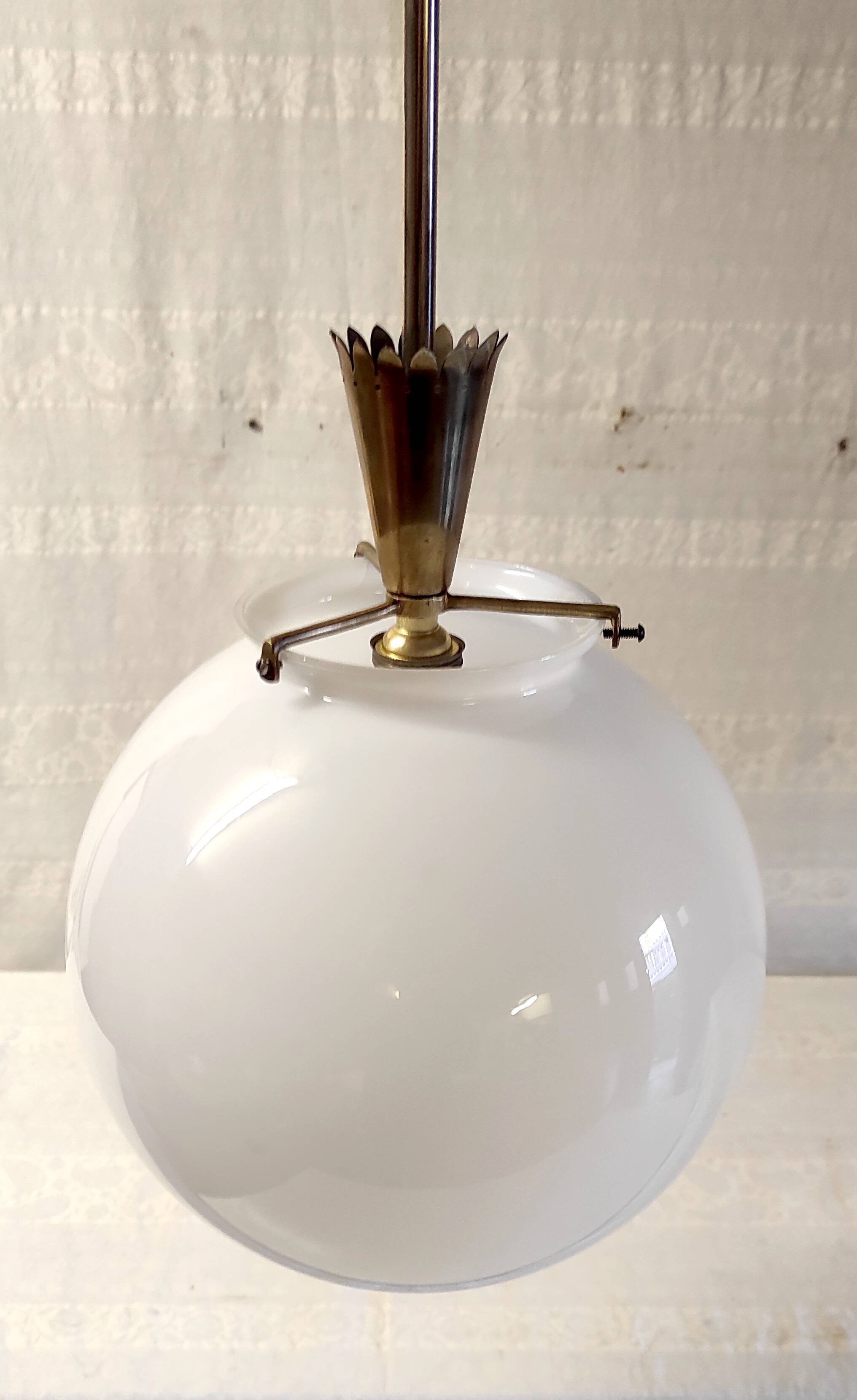 25 cm opaline globe and brass pendant light - 1940s/1950s