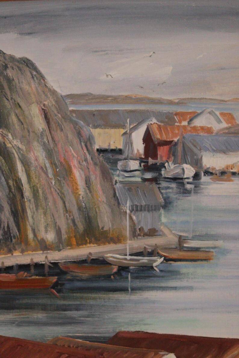 Mid Century Oil on Canvas – “Port View” by Rita Hansen – Vintage & Framed