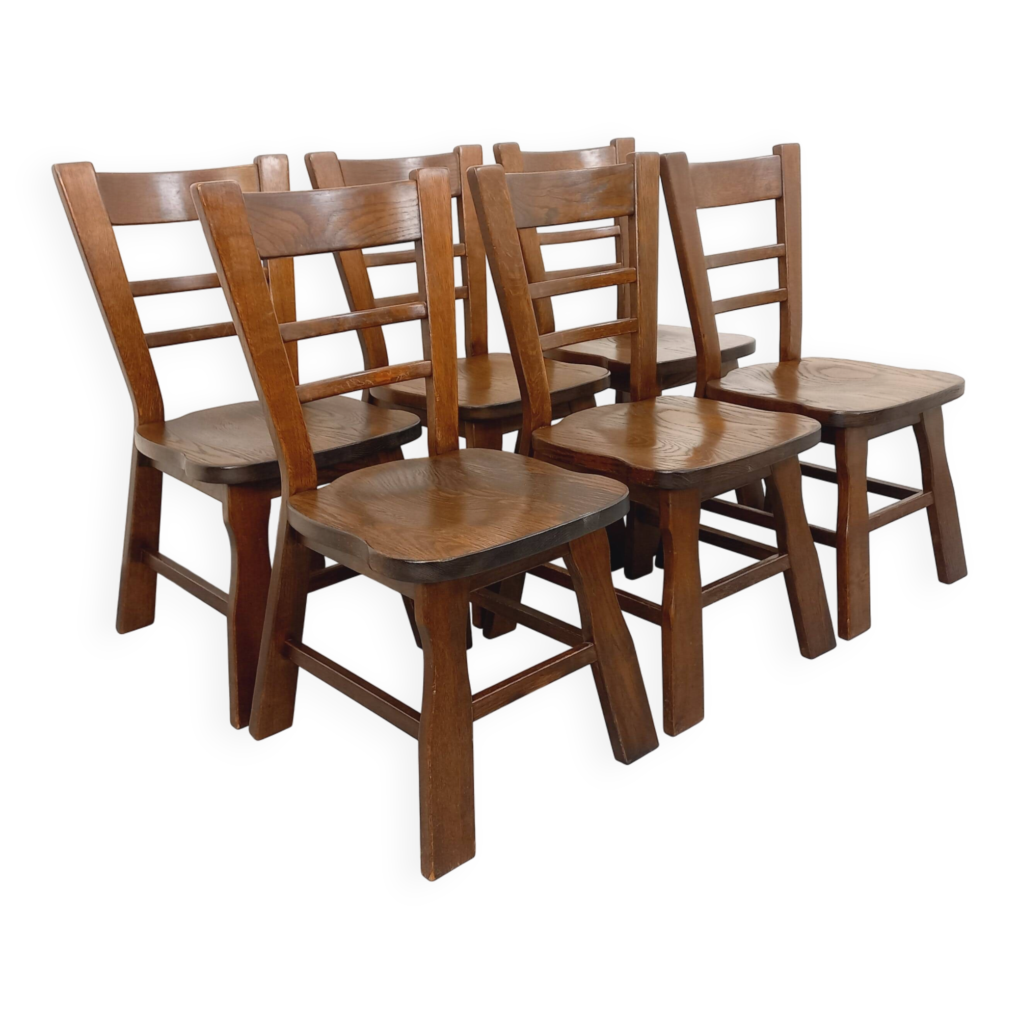 Set of 6 vintage brutalist oak chairs from the 1950s.