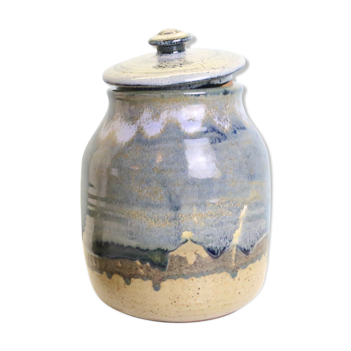 Pot en grès émaillé poterie Taizé bleu et beige vintage
