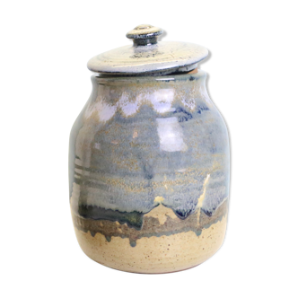 Large enamelled stoneware pot, Taizé pottery, blue and beige, vintage