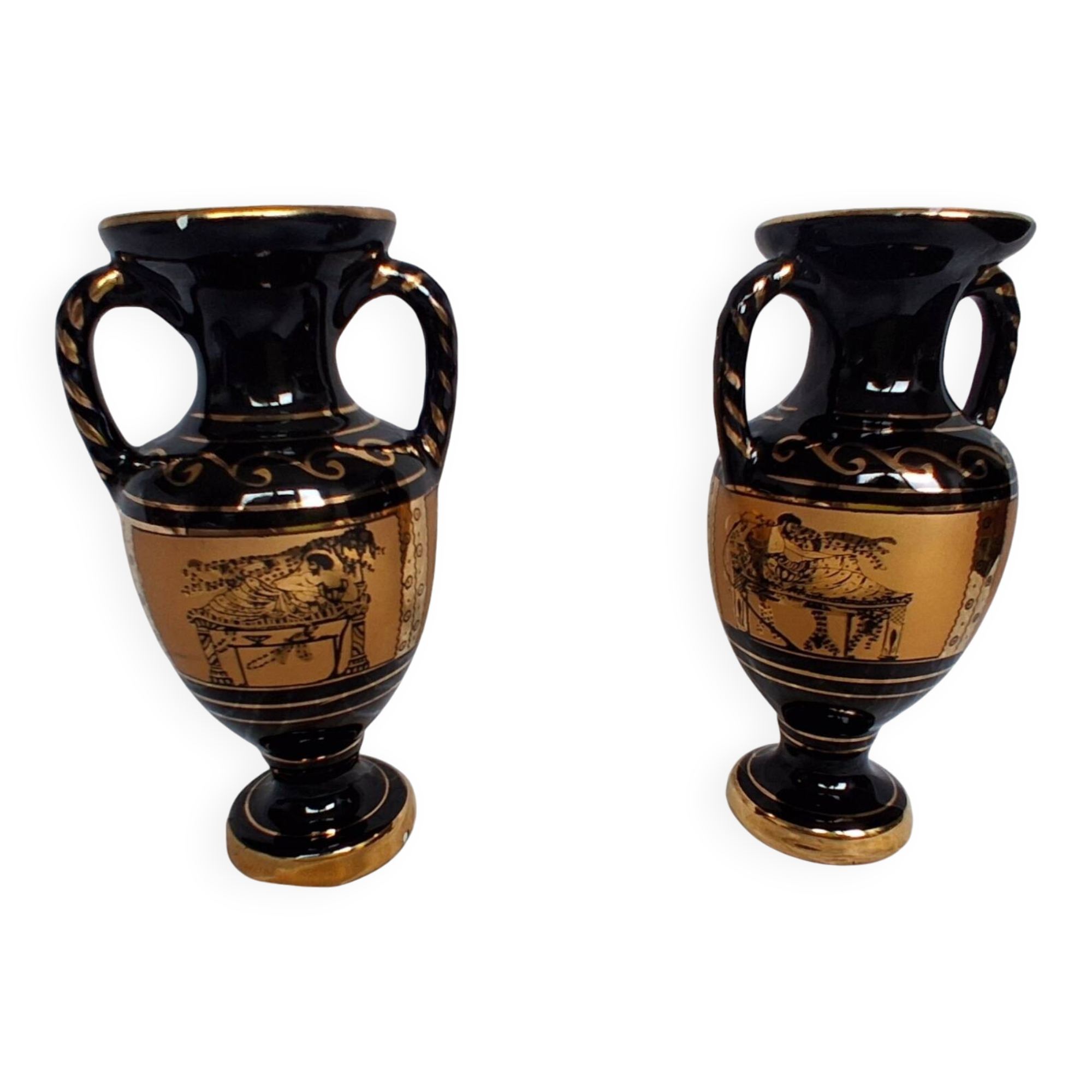 Pair of vases in ancient Greek style gilded with 24-carat gold.