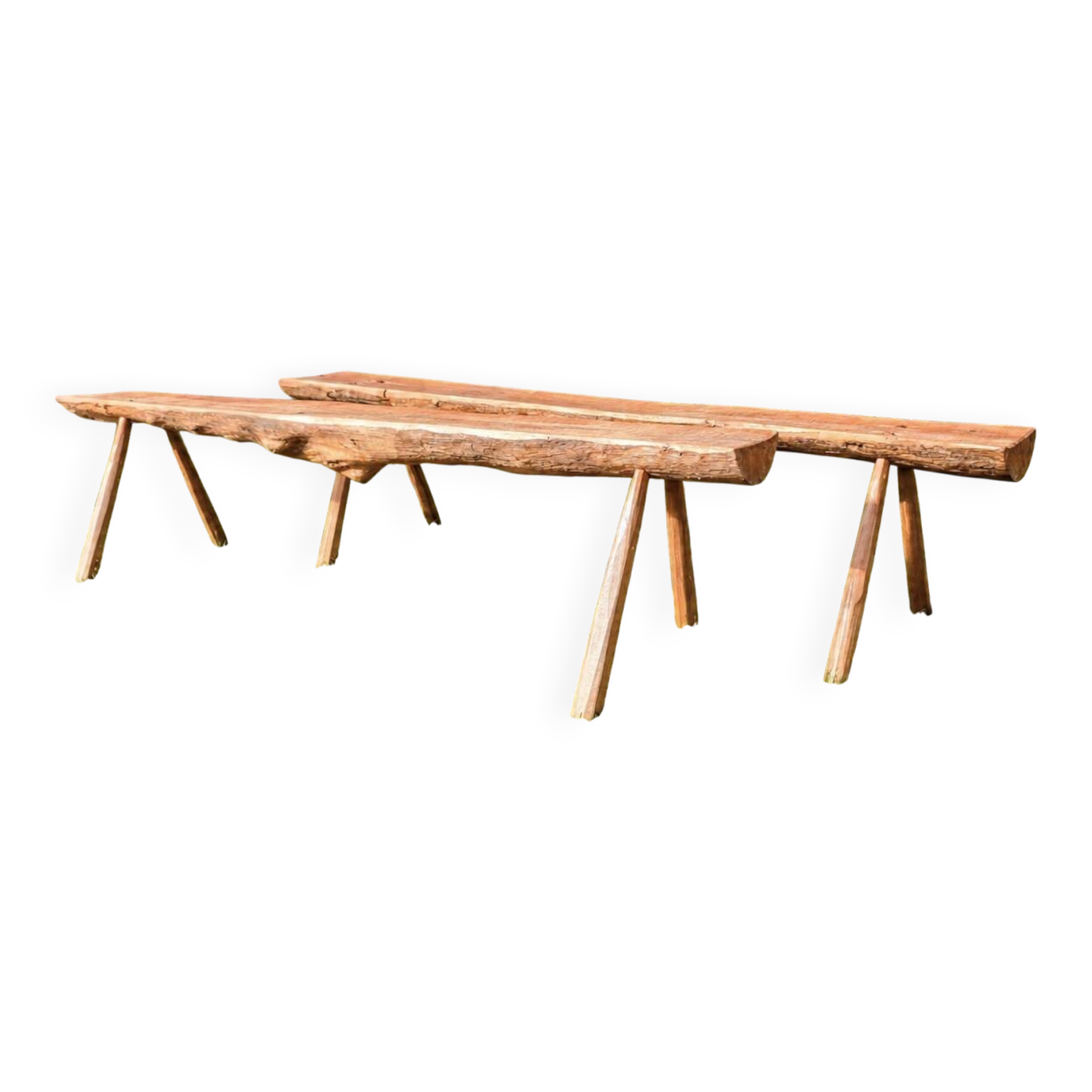 Pair of antique farmhouse benches in solid wood – brutalist style – 180 cm