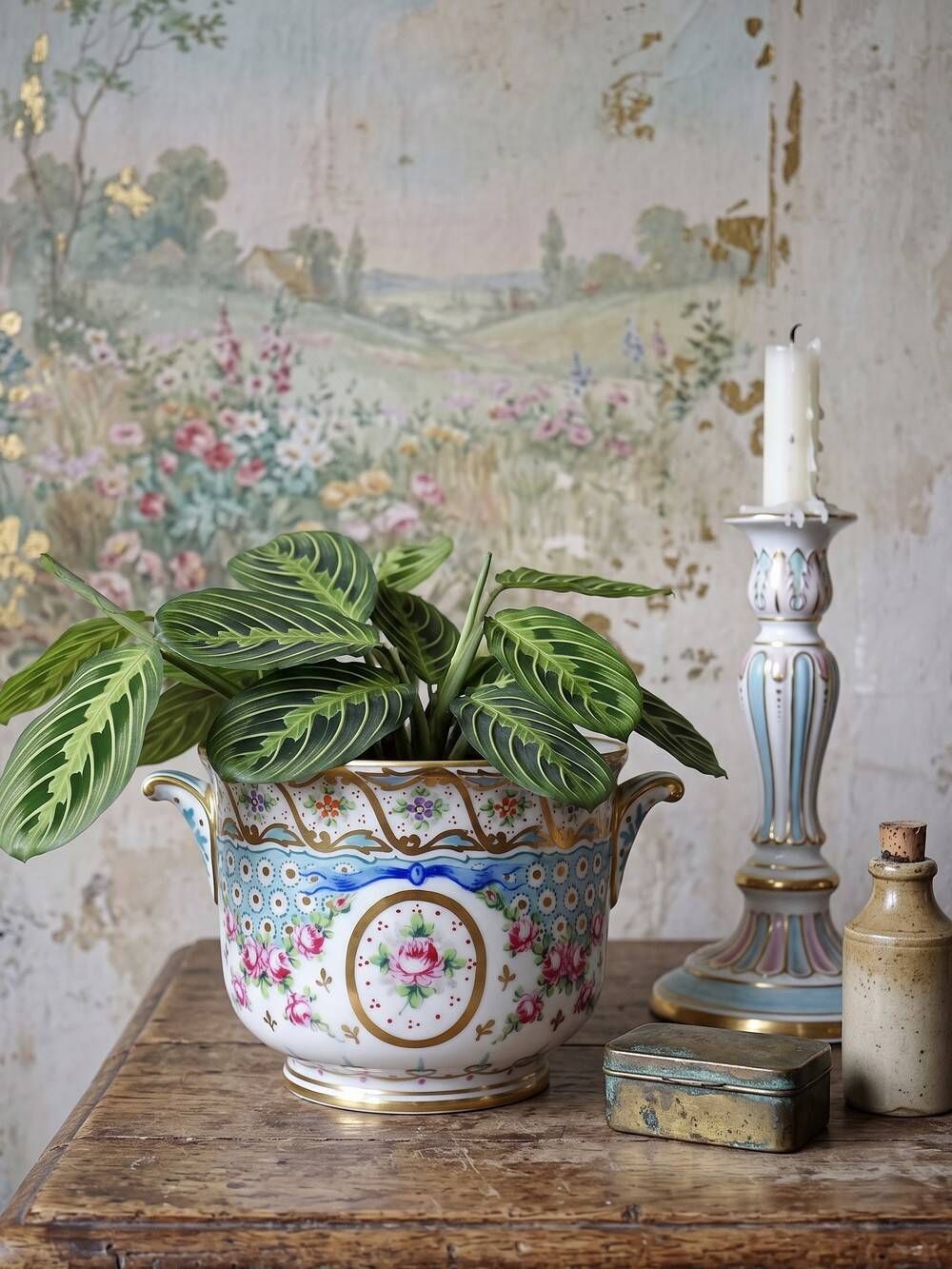 Old Limoges porcelain bowl/pot, hand-painted, M. Carpezat, 1900-1930