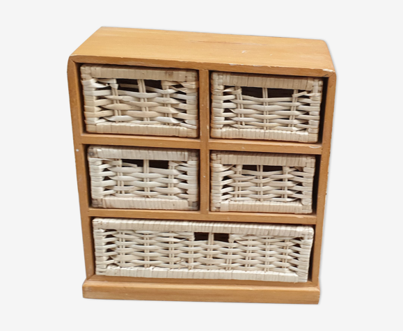 "meuble" de classement vintage en bois et osier