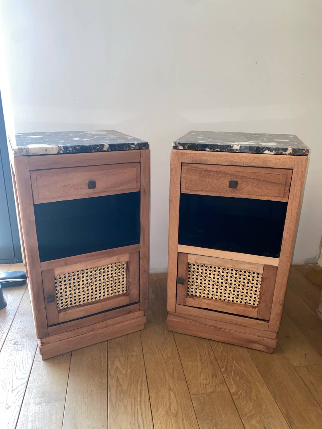 Pair of solid wood cane bedside or nightstands