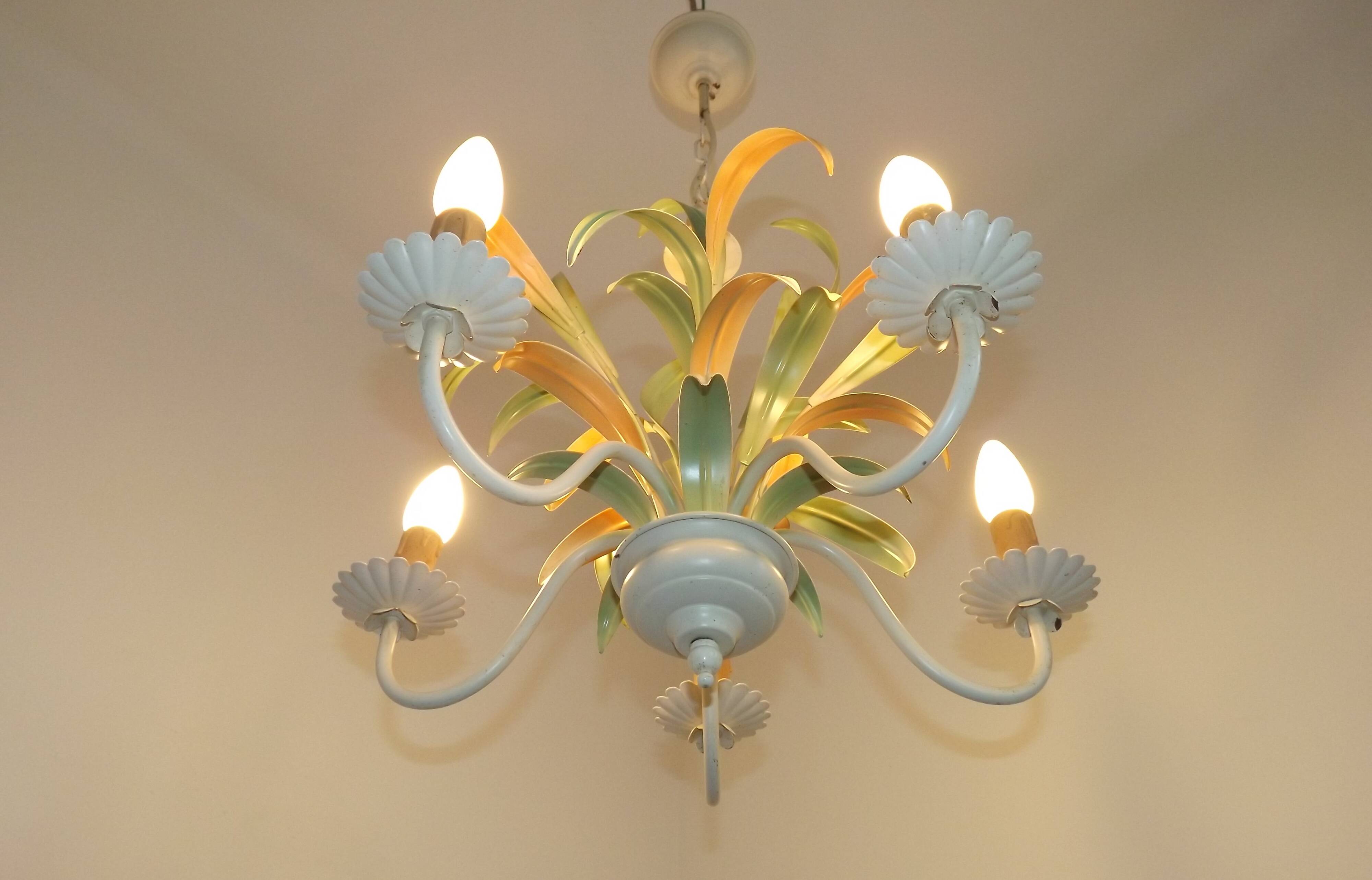 French Vintage Cream 5 Light Metal Chandelier Green and Peach Leaves