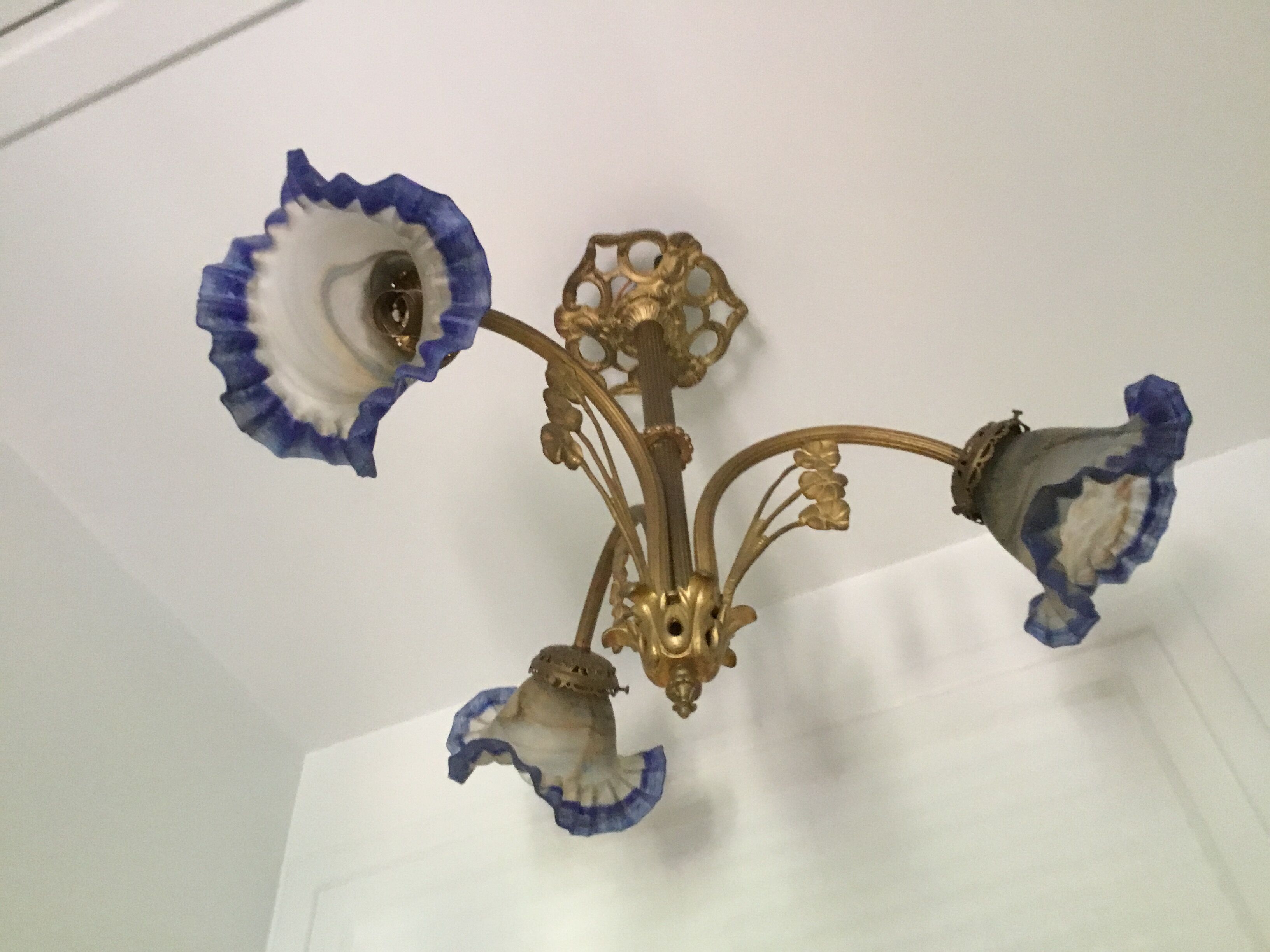 Art Deco style chandelier, bronze and glass paste tulips