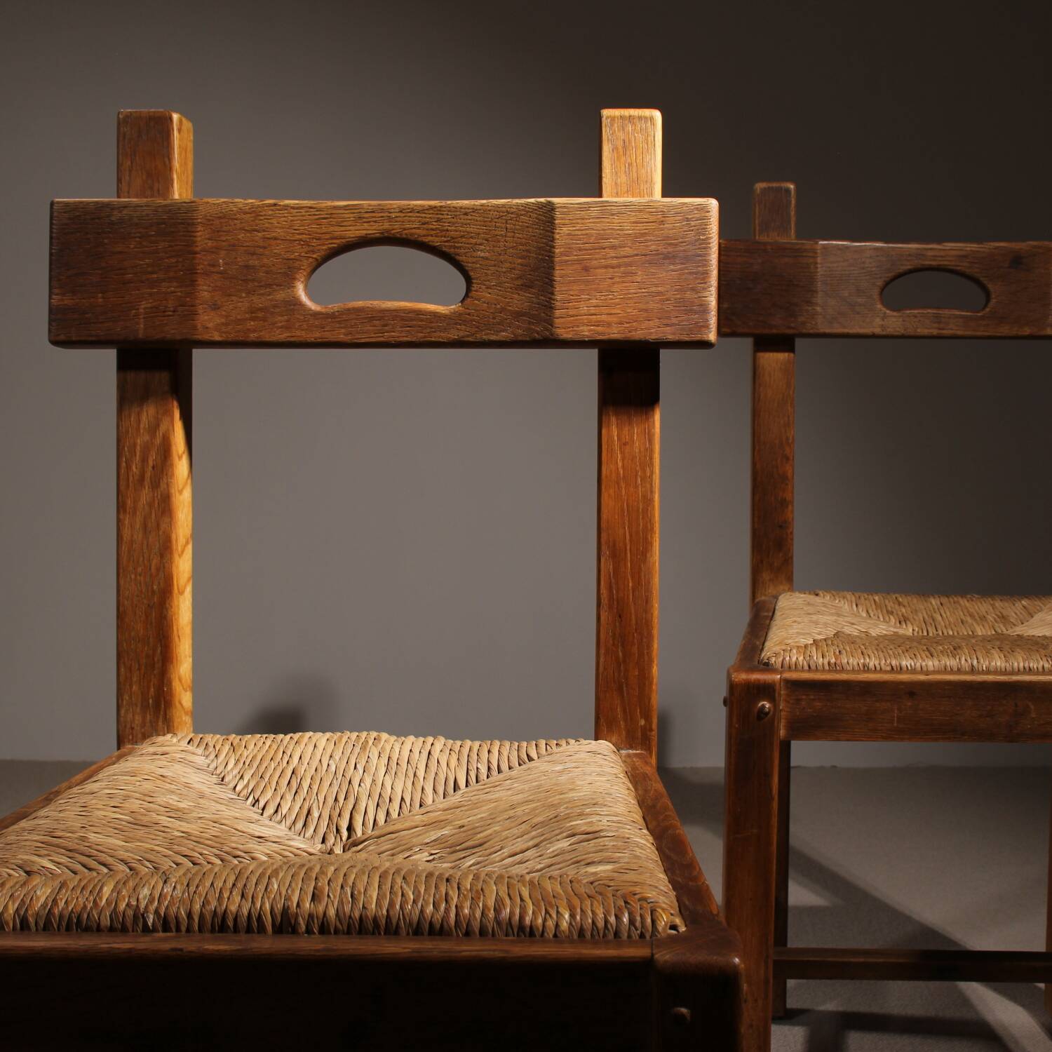Brutalist Pair of Oak & Rush Chairs | Europe 1960s