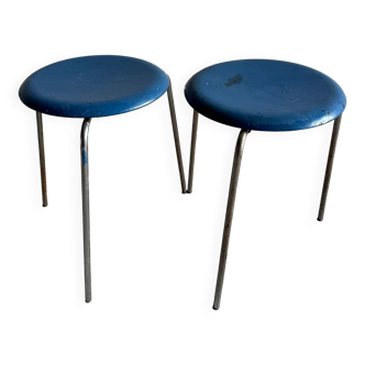 Set of 2 blue wooden Dot stools model 3170 by Arne Jacobsen for Fritz Hansen, 1974