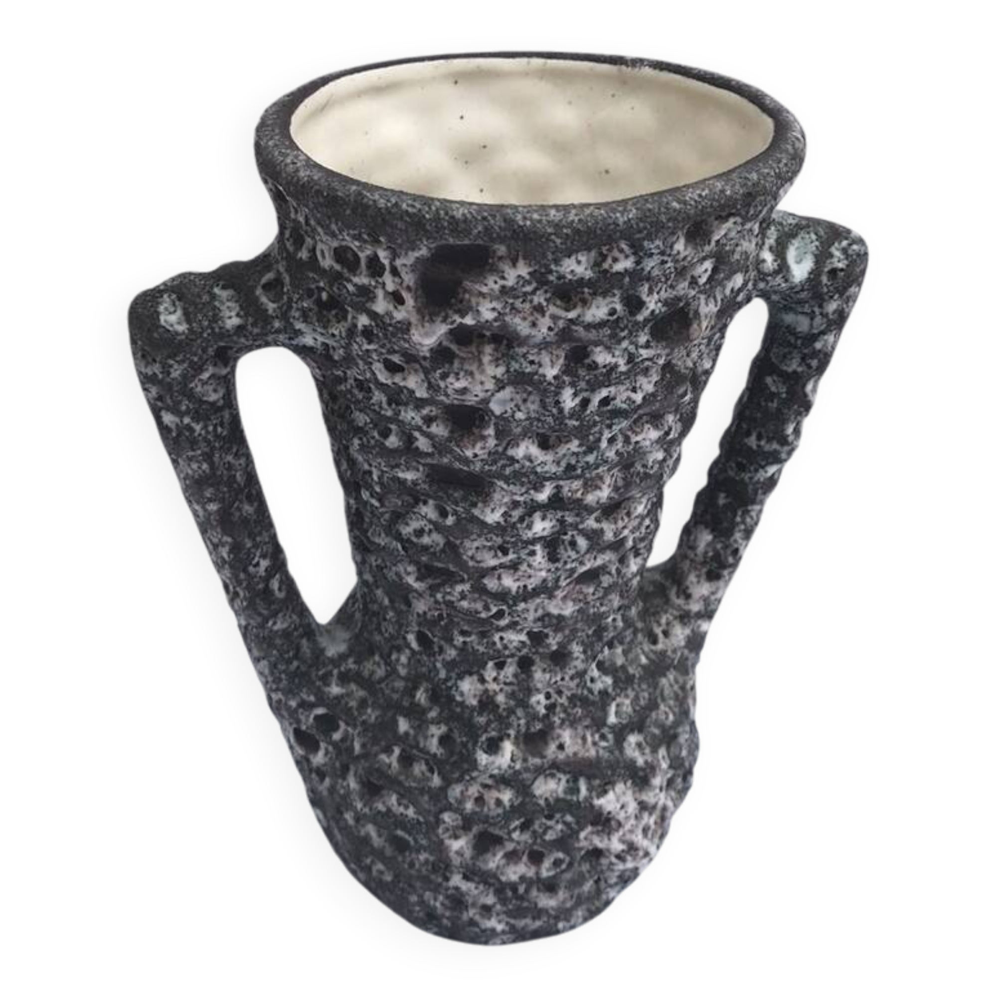 Vintage annette roux fat lava ceramic grey & white foams ancient vase