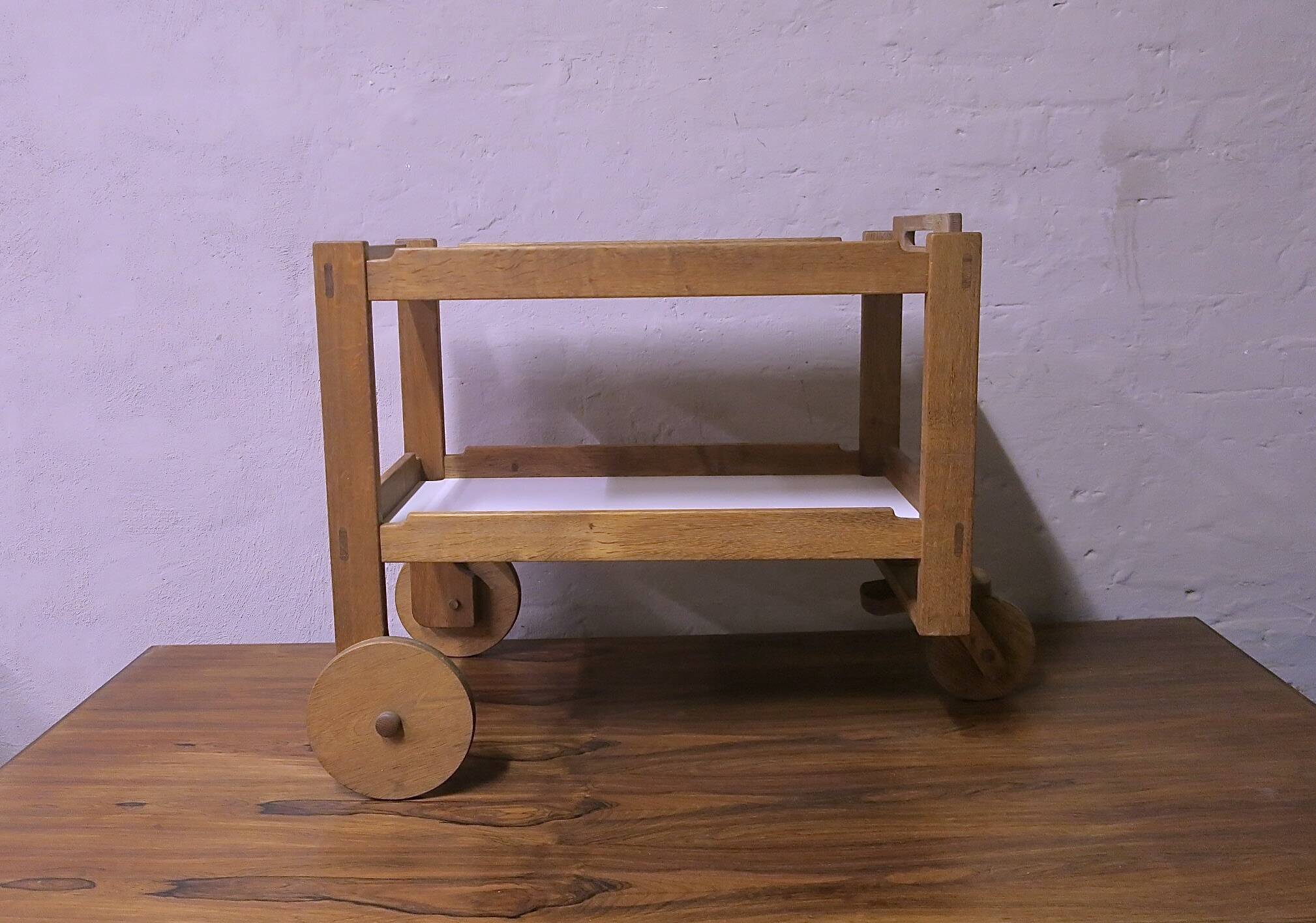 Brutalist Scandinavian bar cart / serving trolley in solid oak, 1950s