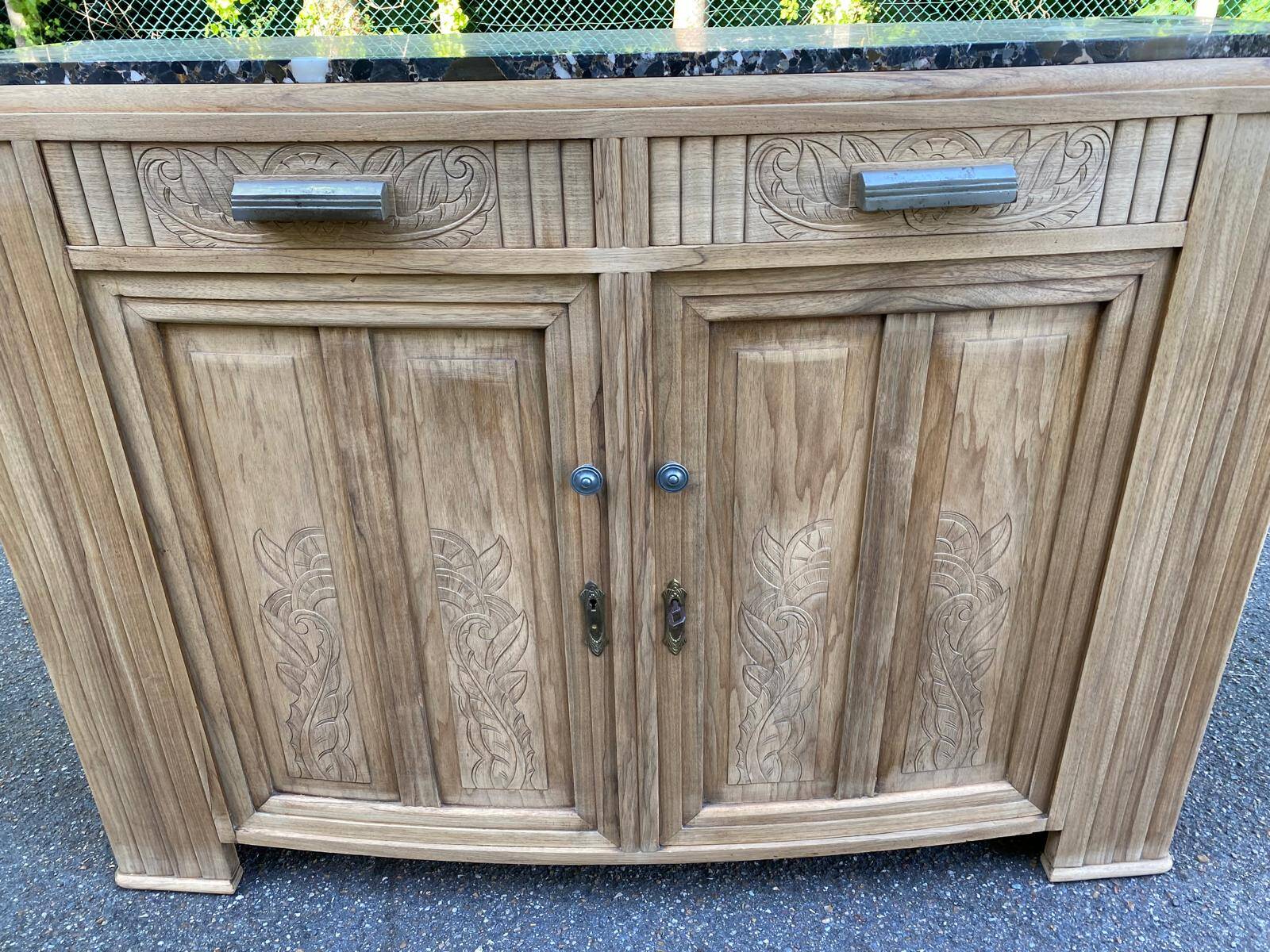 Renovated vintage art deco Parisian sideboard in solid wood and marble 152cm