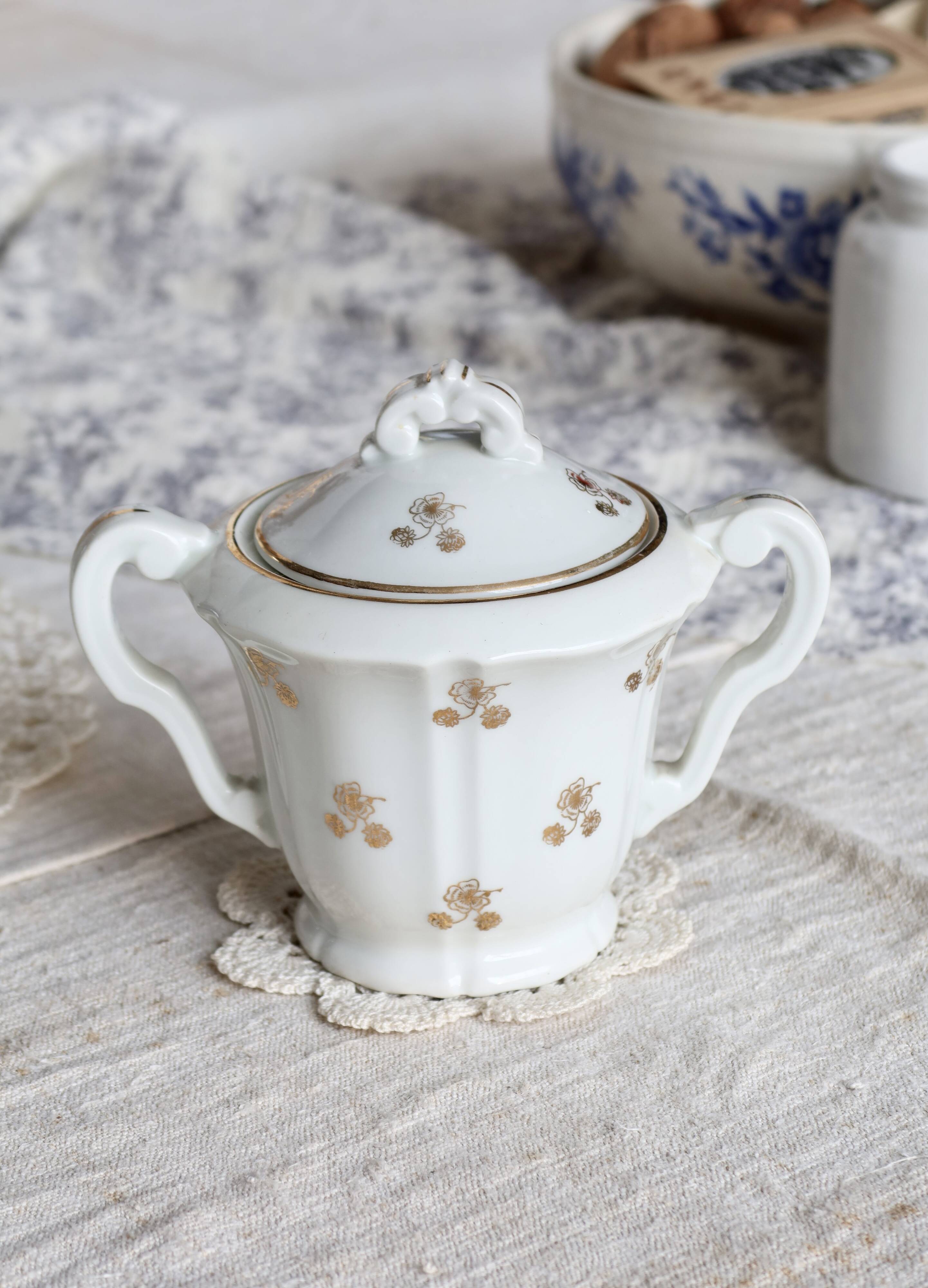 Antique PFC France porcelain sugar bowl with double handles – Gold floral decoration