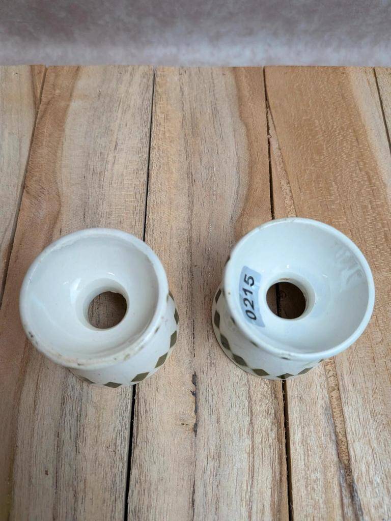 Set of 2 antique egg cups in ironstone – Diabolo shape – Green diamond pattern