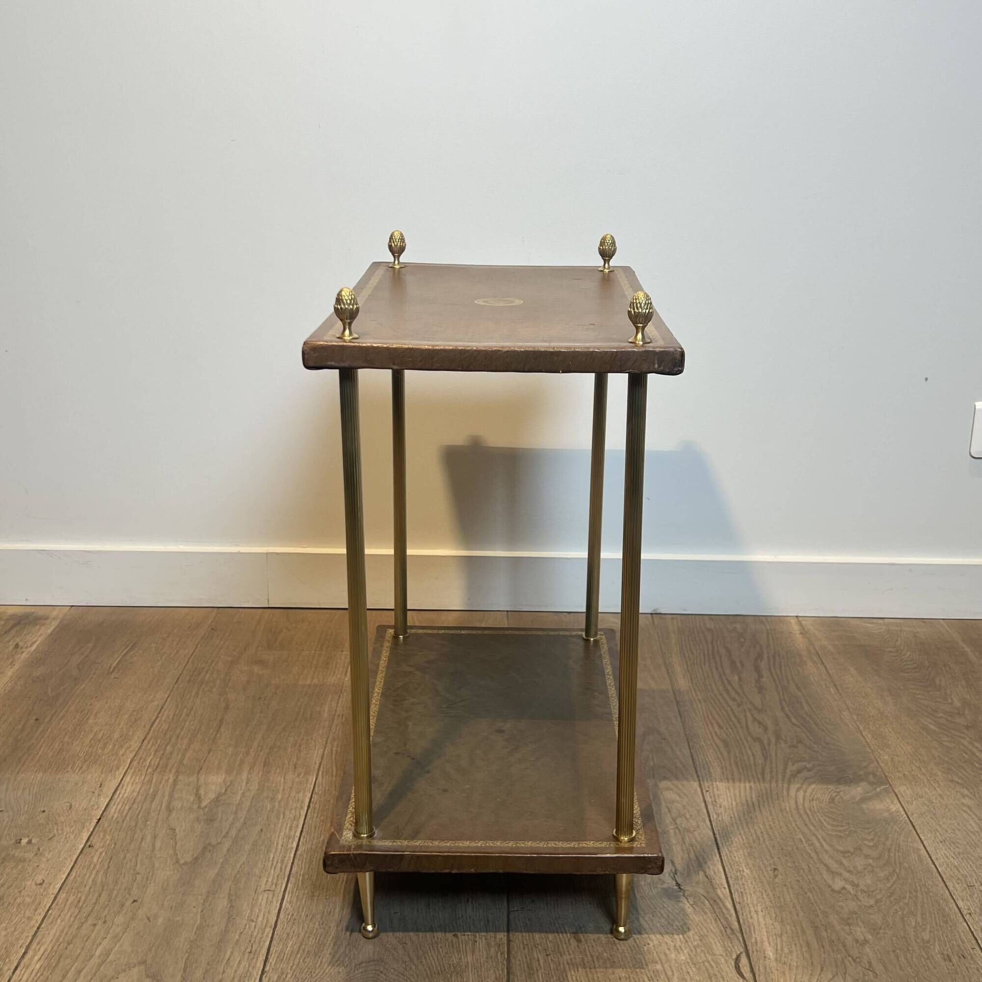 Double Tray Leather Sofa Table in Golden Tawny with Small Iron Details. Brass