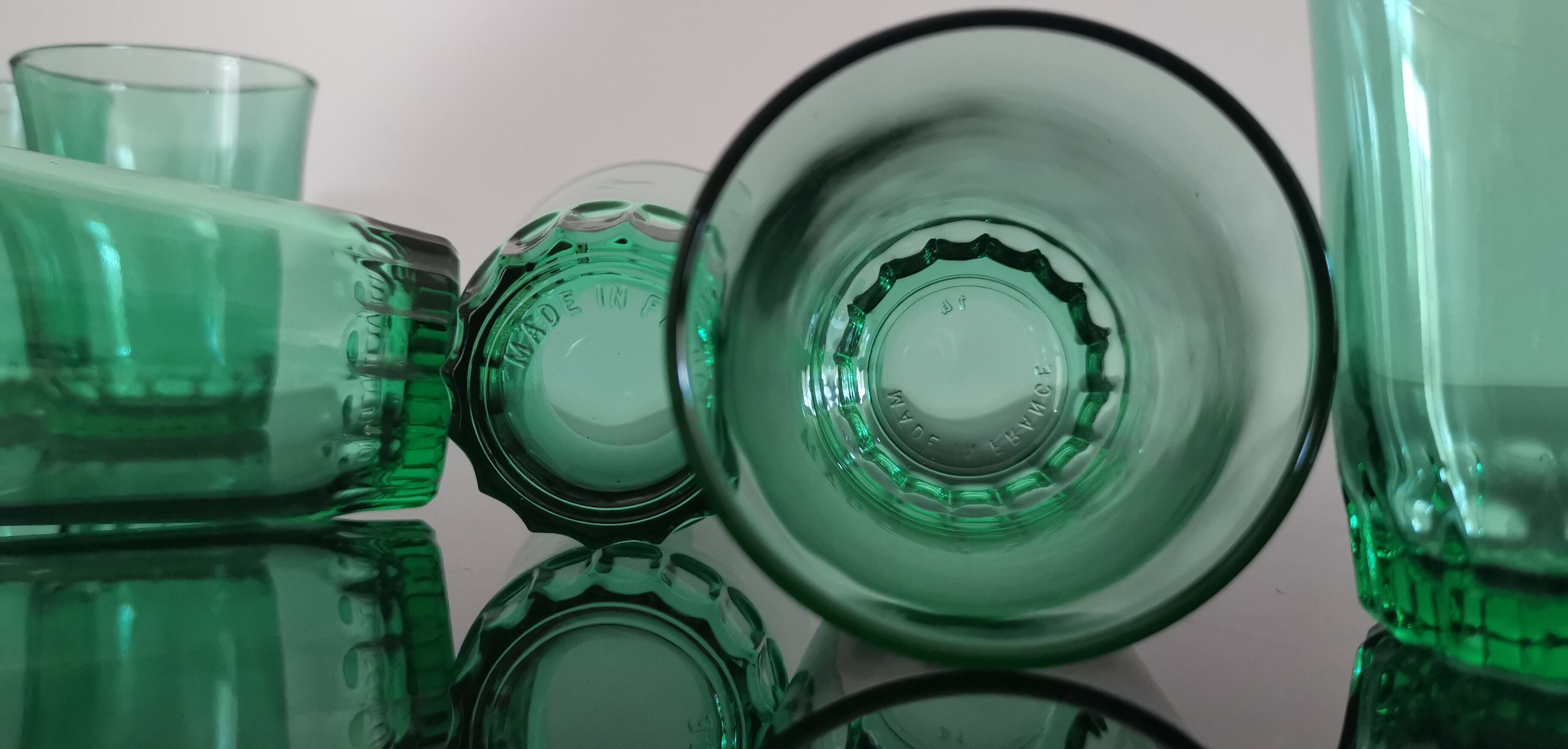 6 old emerald green water glasses