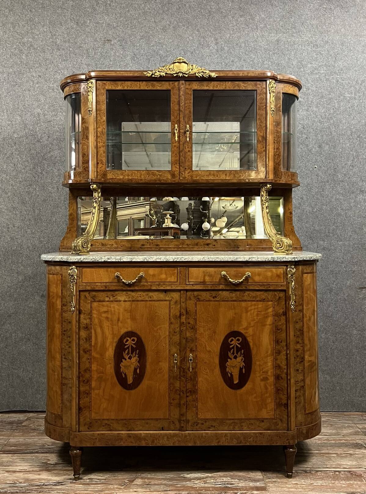 Superb Louis XVI two-body buffet in marquetry and gilded bronzes circa 1880