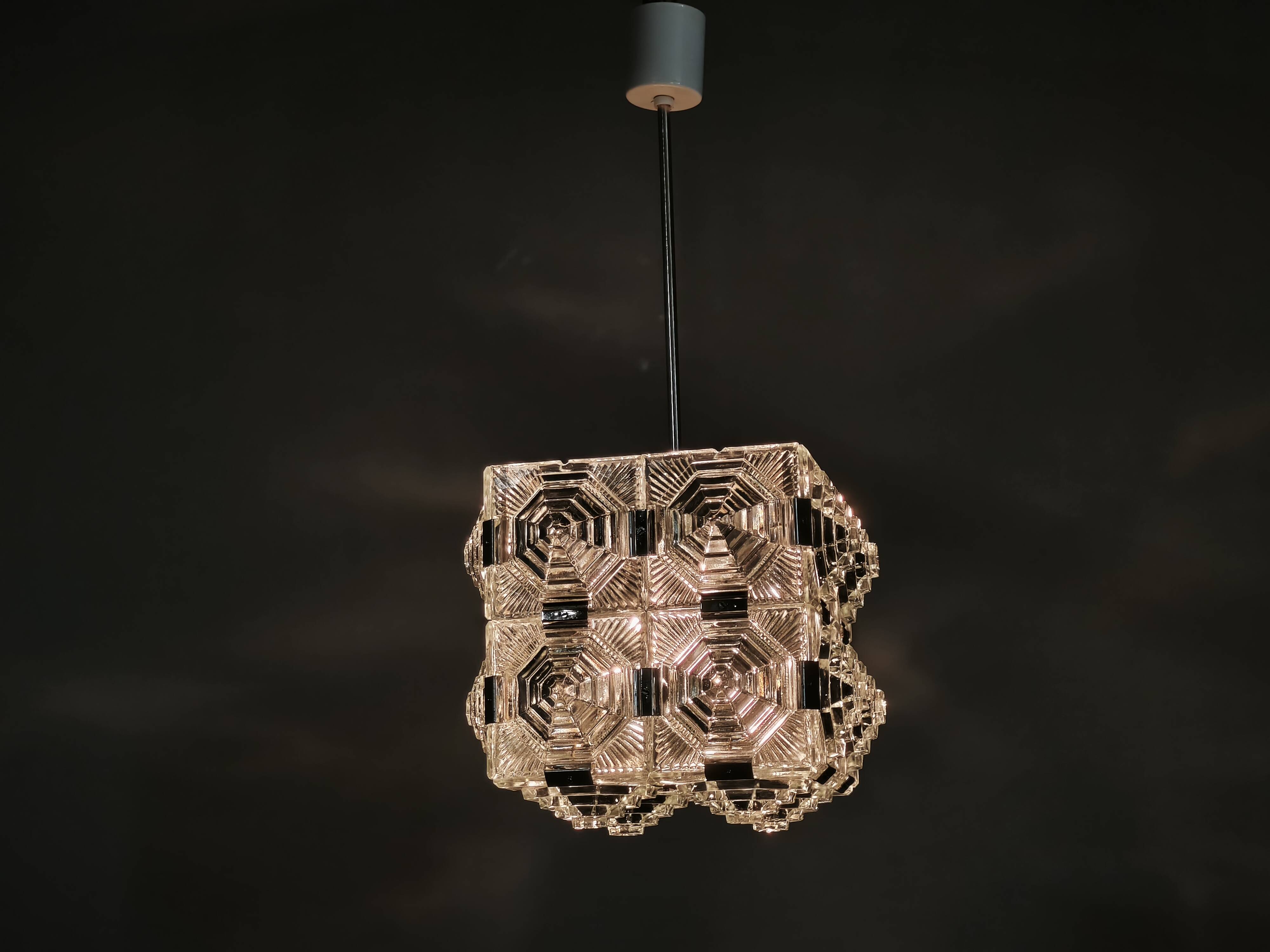 1970s Brutalist Glass Cube Pendant, Kamenický Šenov