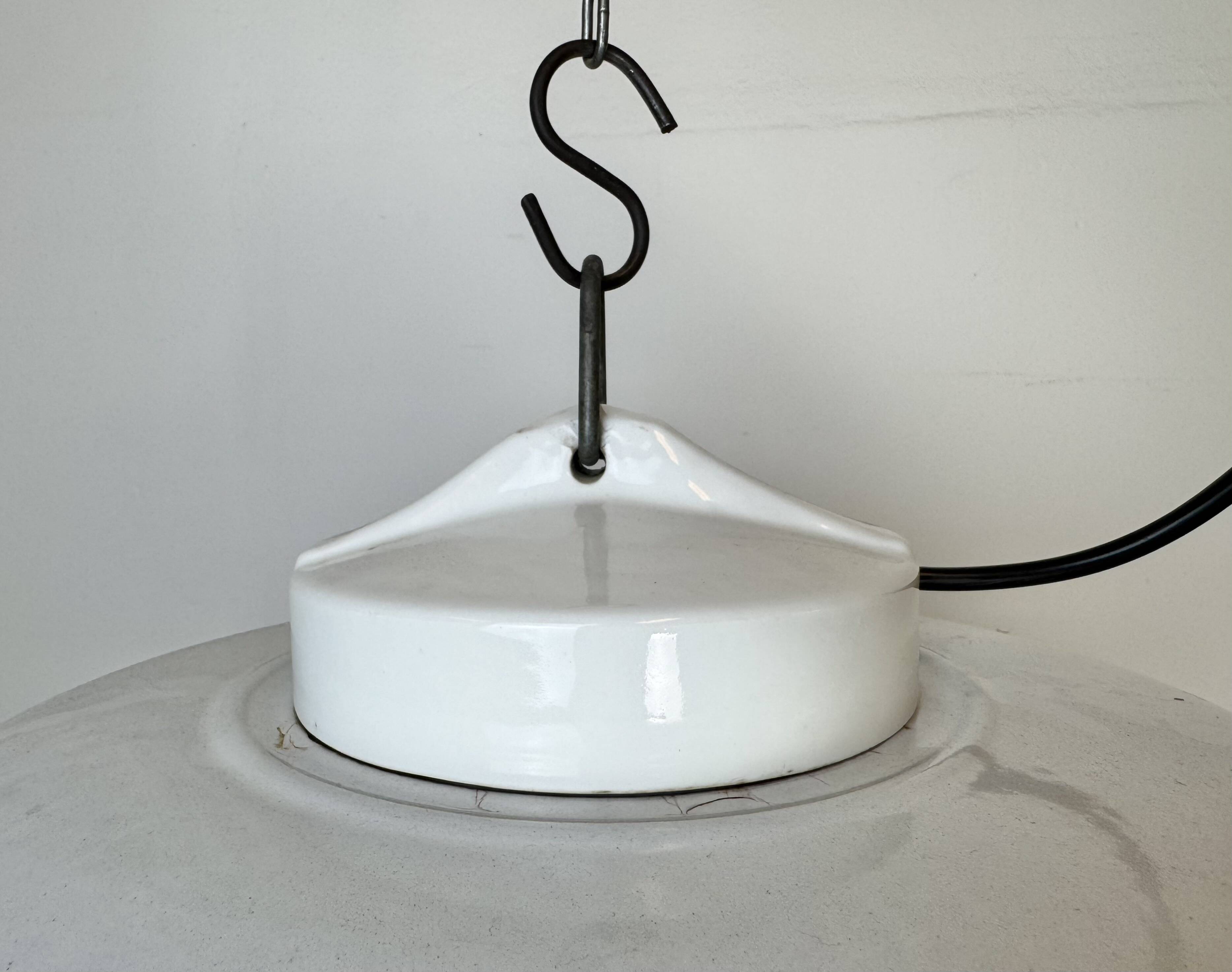 Industrial Grey Enamel Factory Pendant Lamp with Glass Cover, 1960s