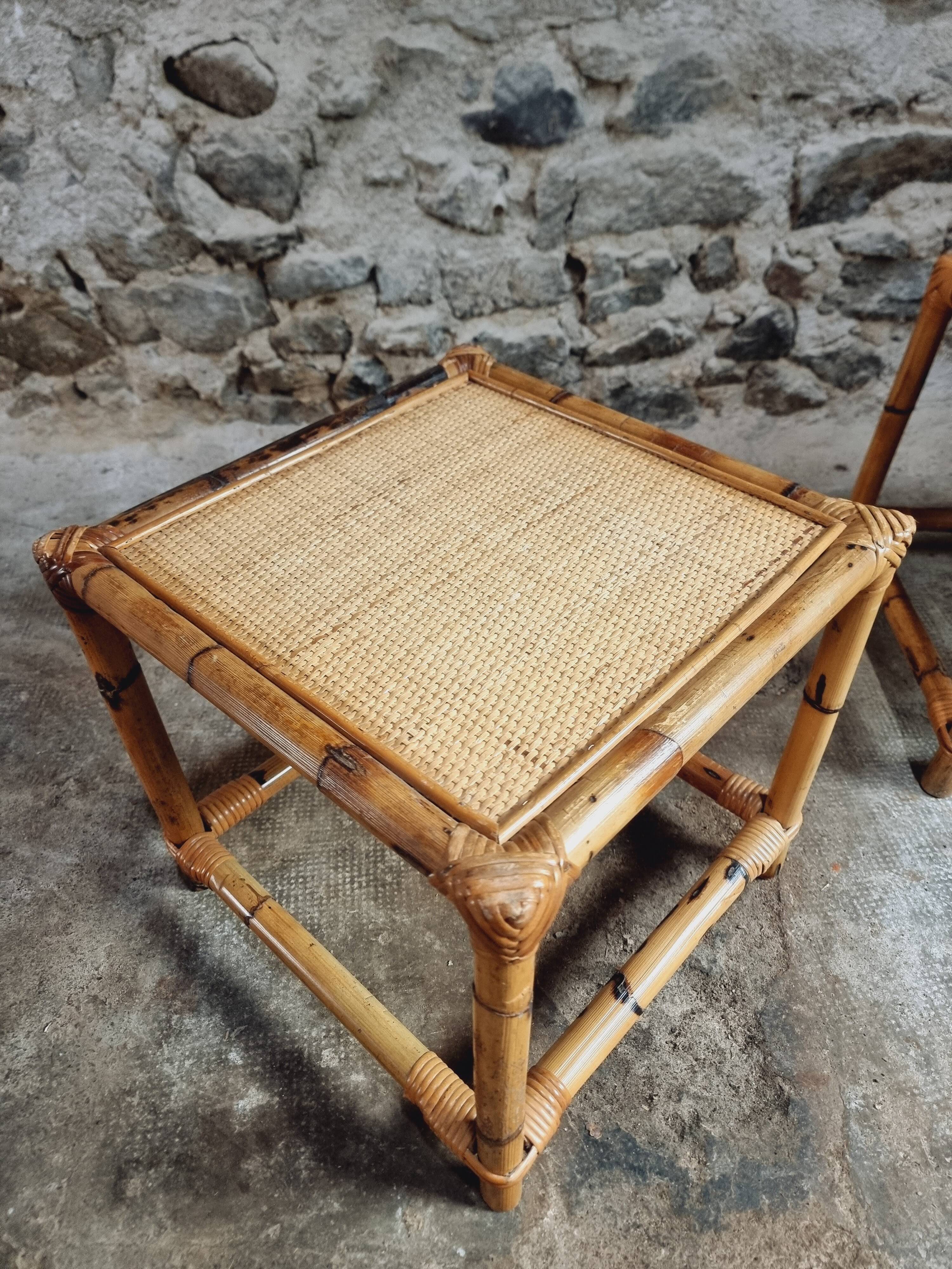 Vintage bamboo and rattan side tables – France, 1970s