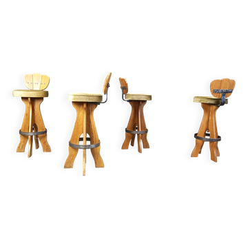 Ensemble de 4 tabourets de bar vintage brutalistes, années 1960