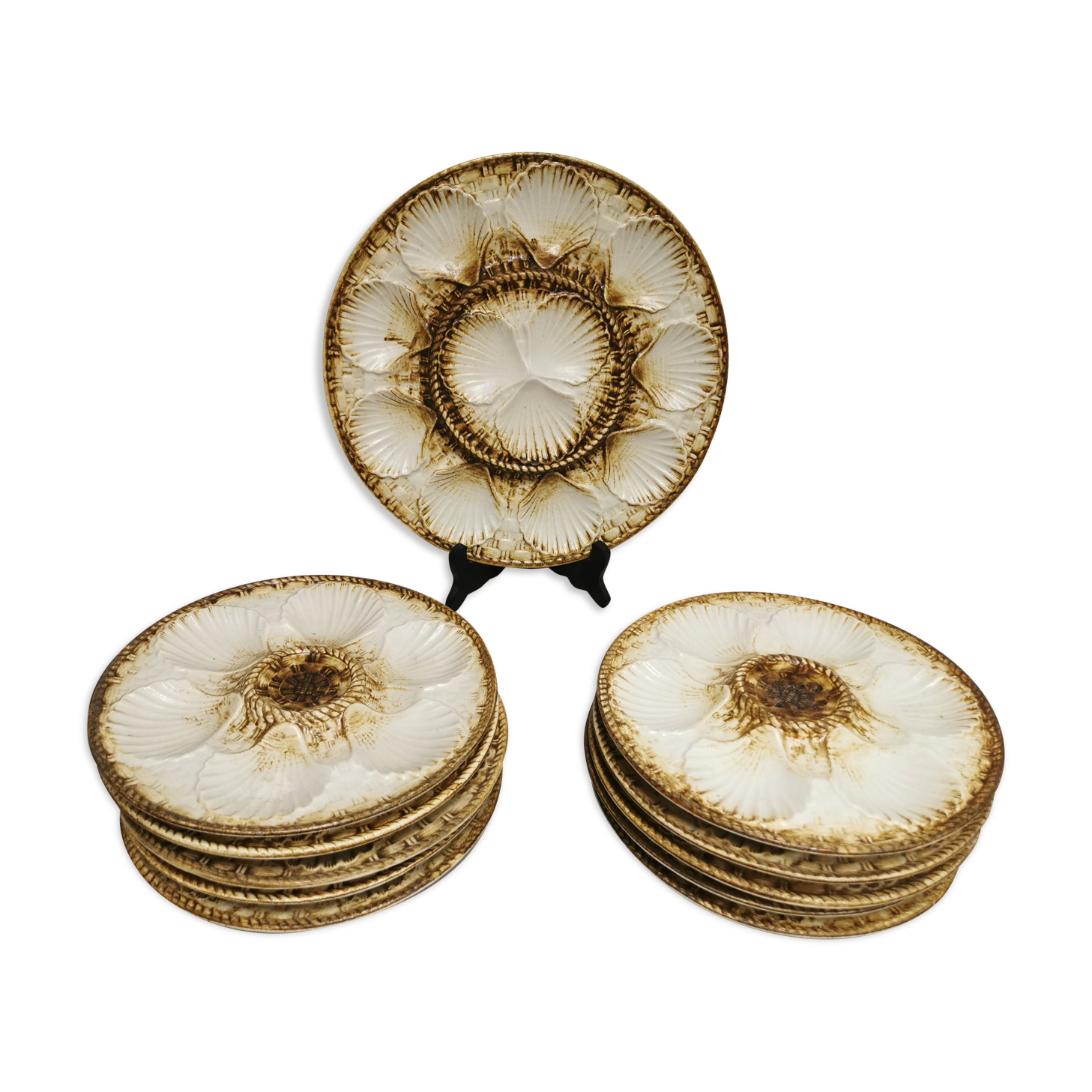 Vintage oyster / shellfish service of 10 plates + 1 dish in faience of longchamp france