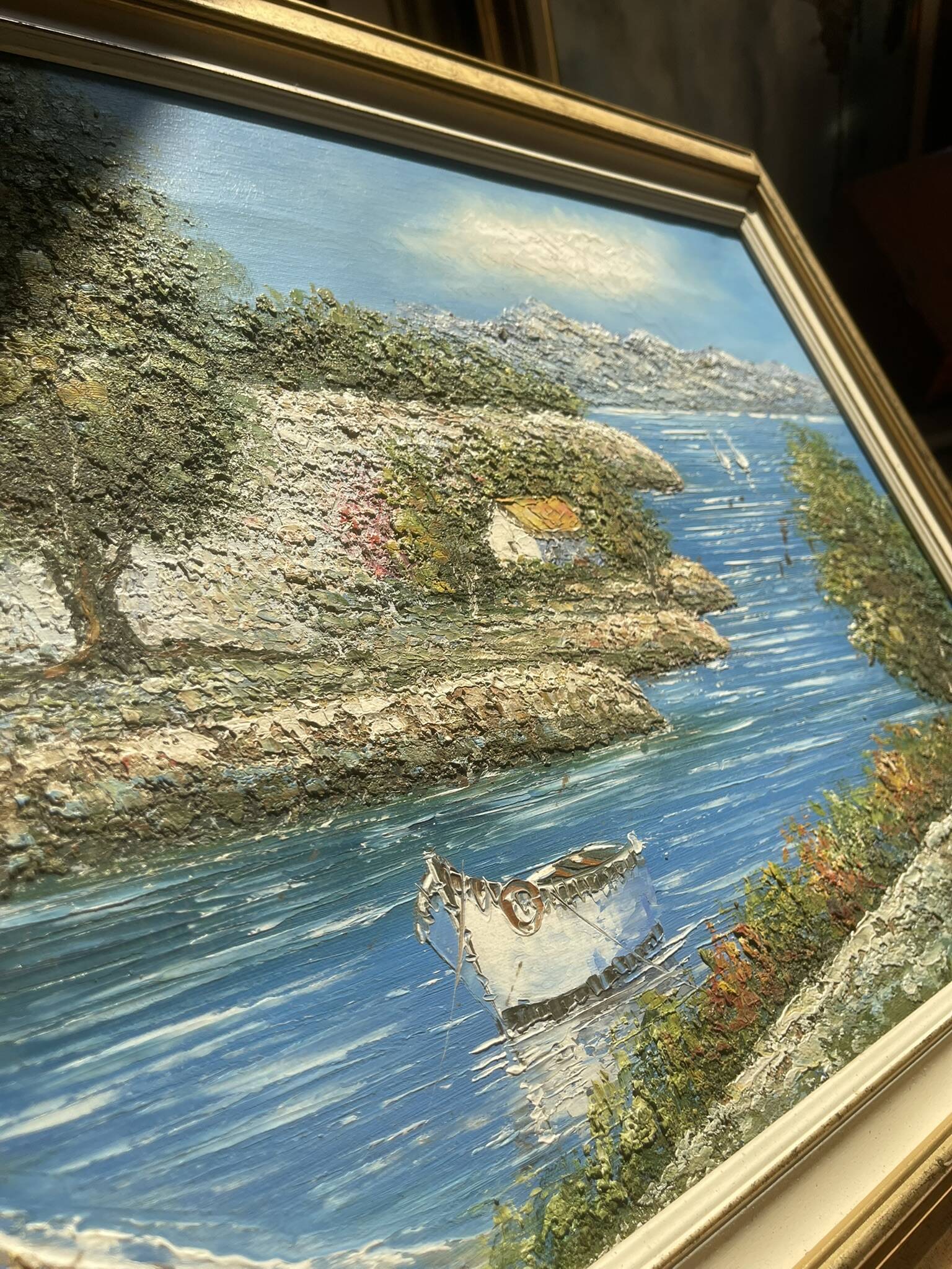 Old Oil Painting Canvas Sun Boat Sea Provence Sailor 50x40