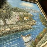 Old Oil Painting Canvas Sun Boat Sea Provence Sailor 50x40