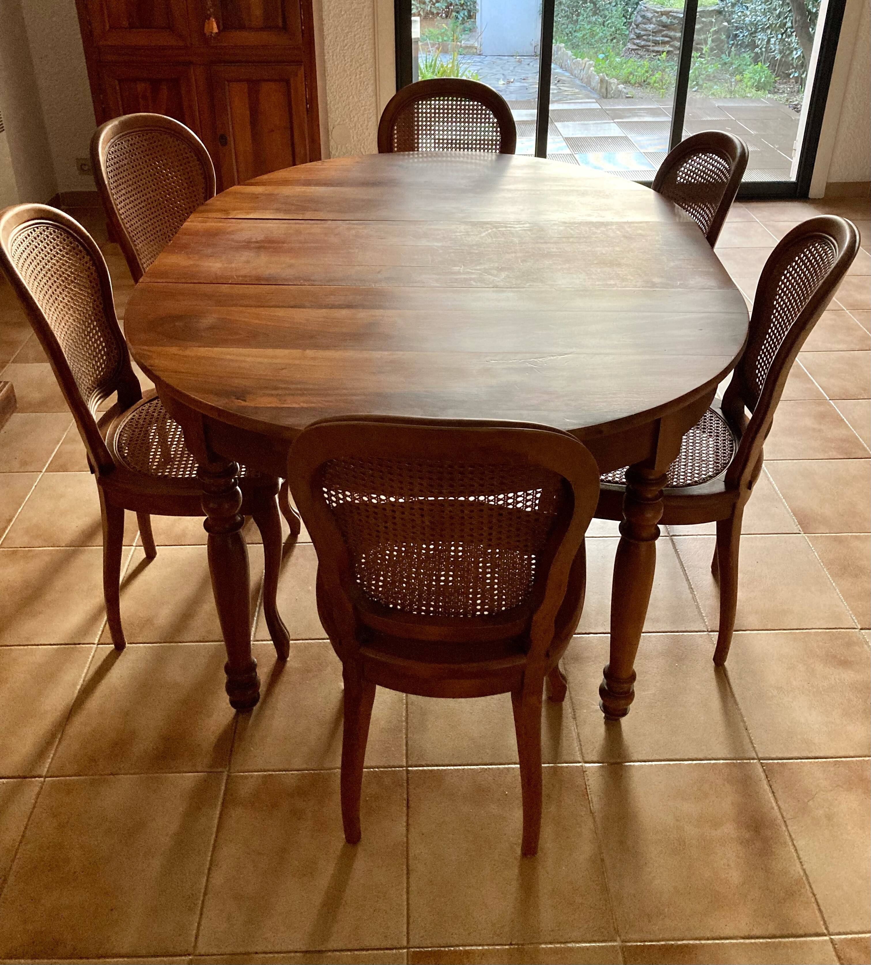 Extendable table and 6 antique caned chairs Louis XV style vintage cherry wood