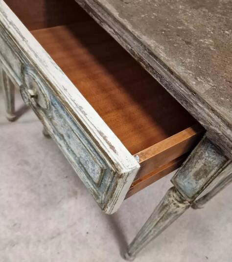 Pair of Louis XVI style bedside tables with patina