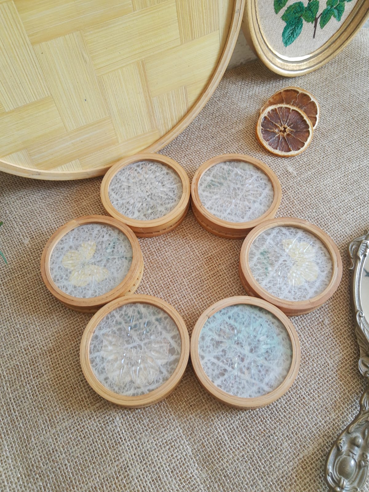 Set tray and 6 under glass bamboo vintage butterflies