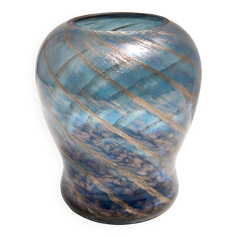 Vase Vintage en Verre de Murano Bleu par Fratelli Toso avec Aventurine Bronze