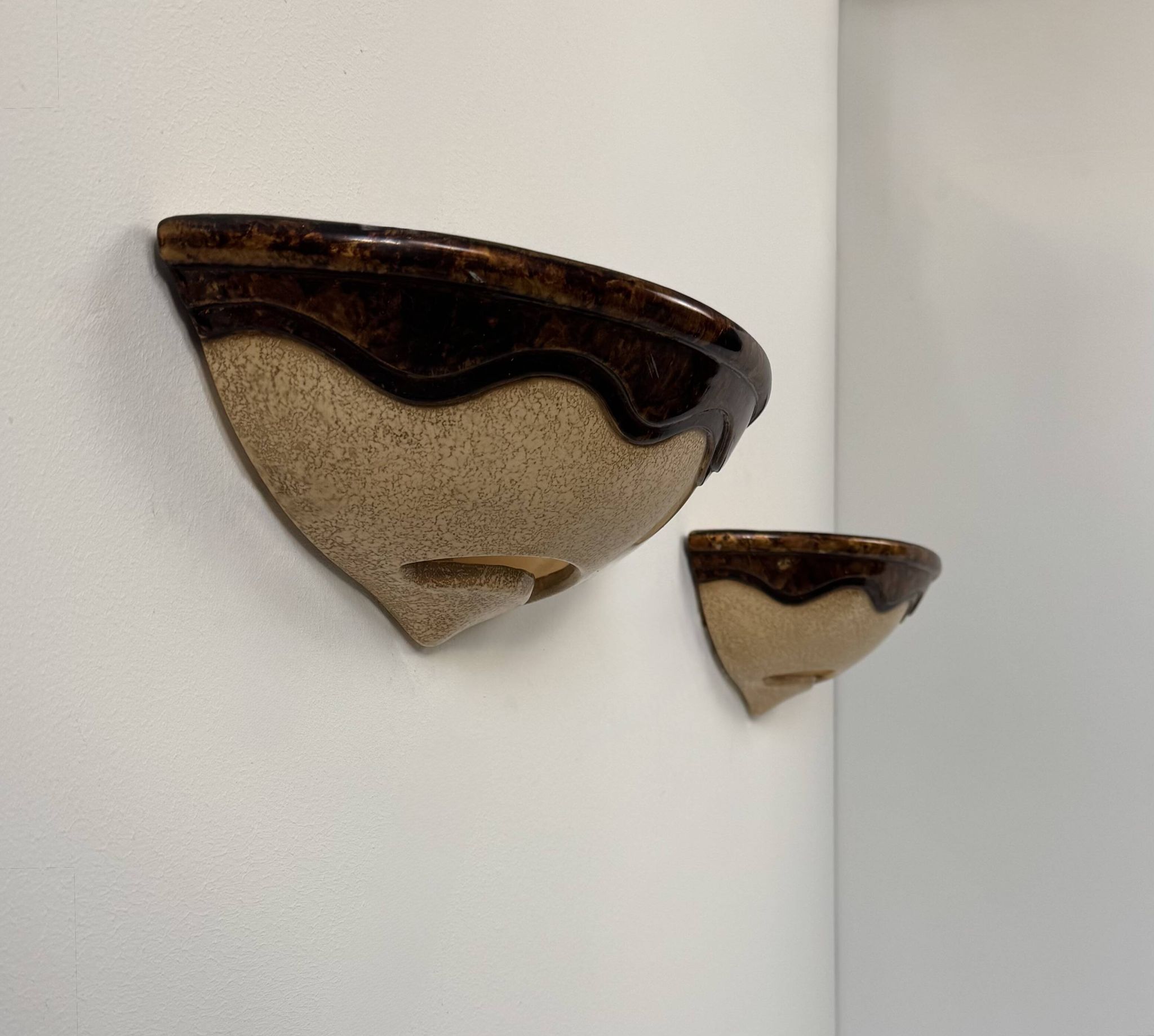 Pair of vintage wall sconces, beige and brown porcelain, France, 1960.