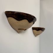 Pair of vintage wall sconces, beige and brown porcelain, France, 1960.