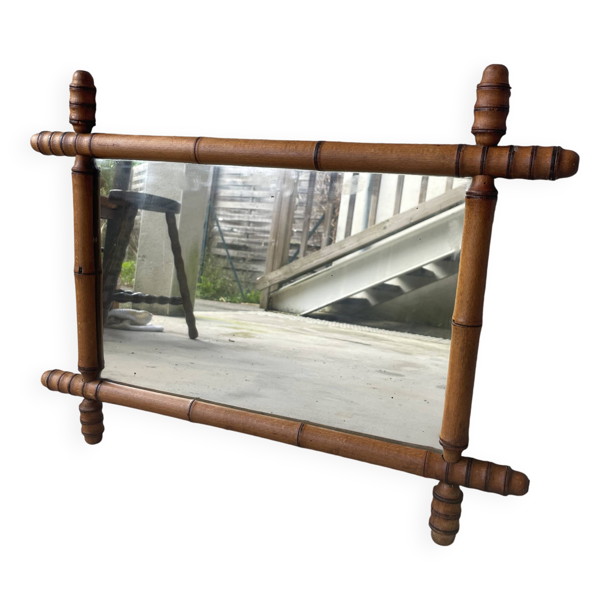 miroir ancien en bois tourné imitation bambou 1940