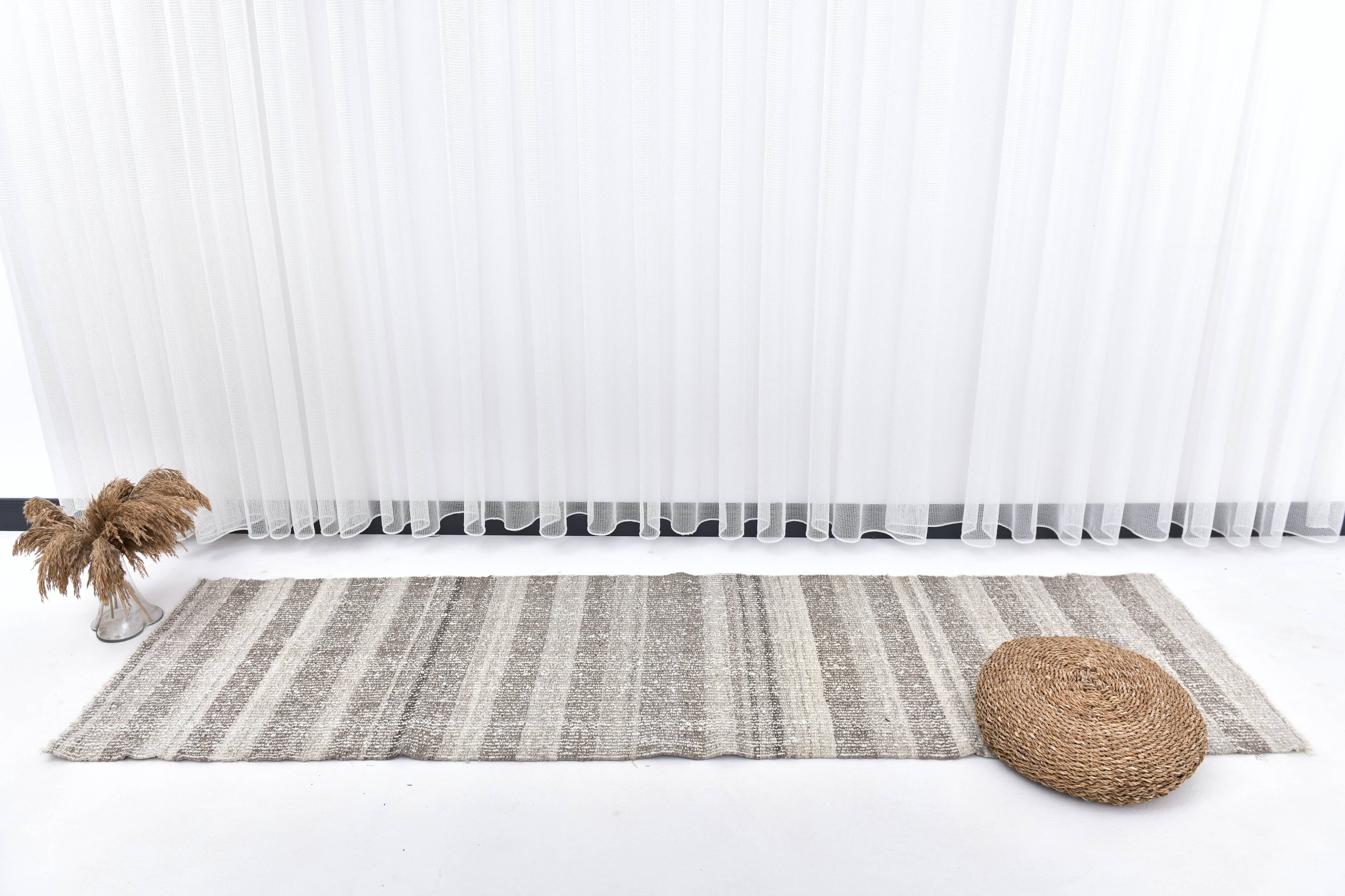 Brown Cream Runner rug, wool corridor kilim carpet  71x246 cm