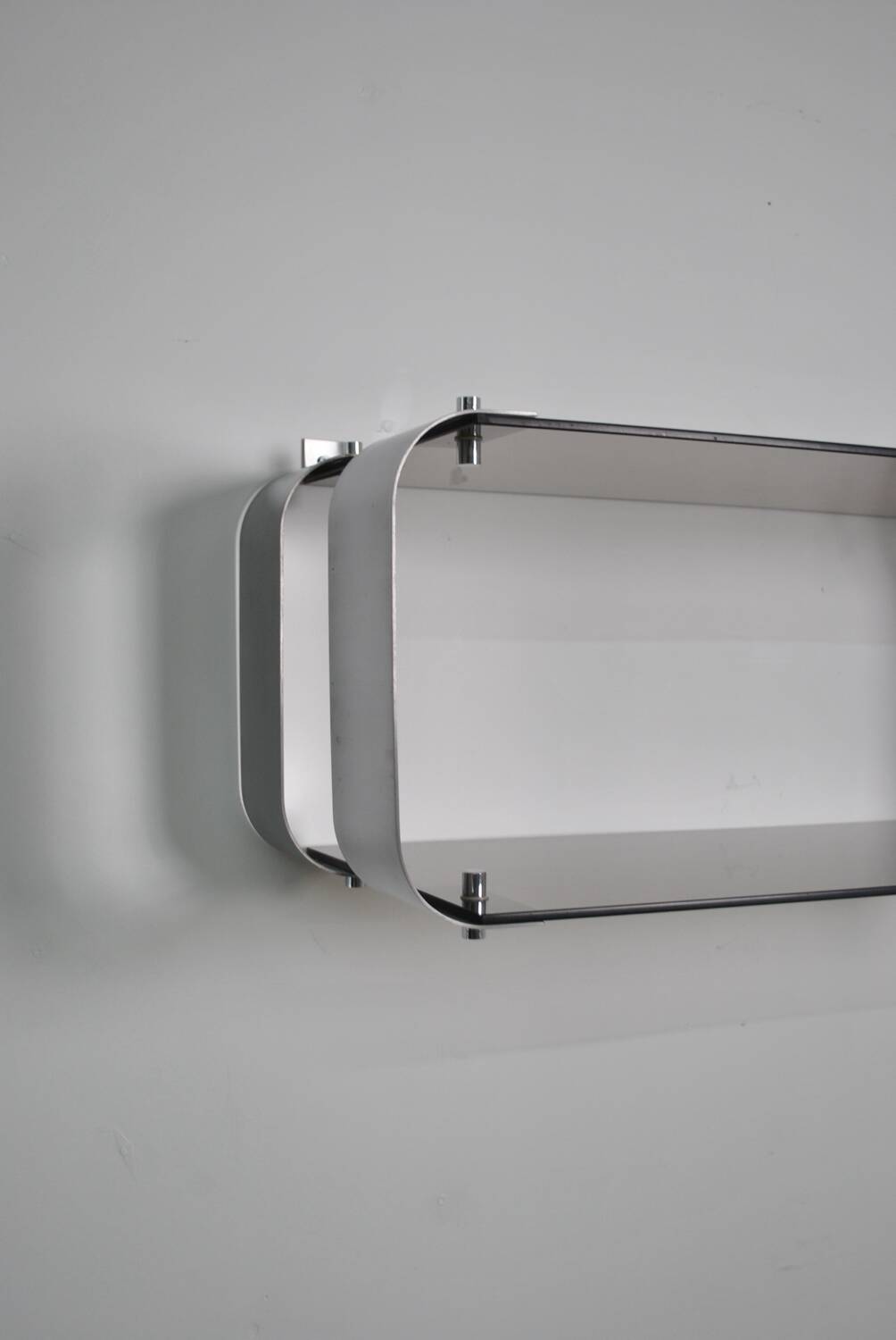 Brushed steel and smoked glass shelf, Donald Singer, 1970